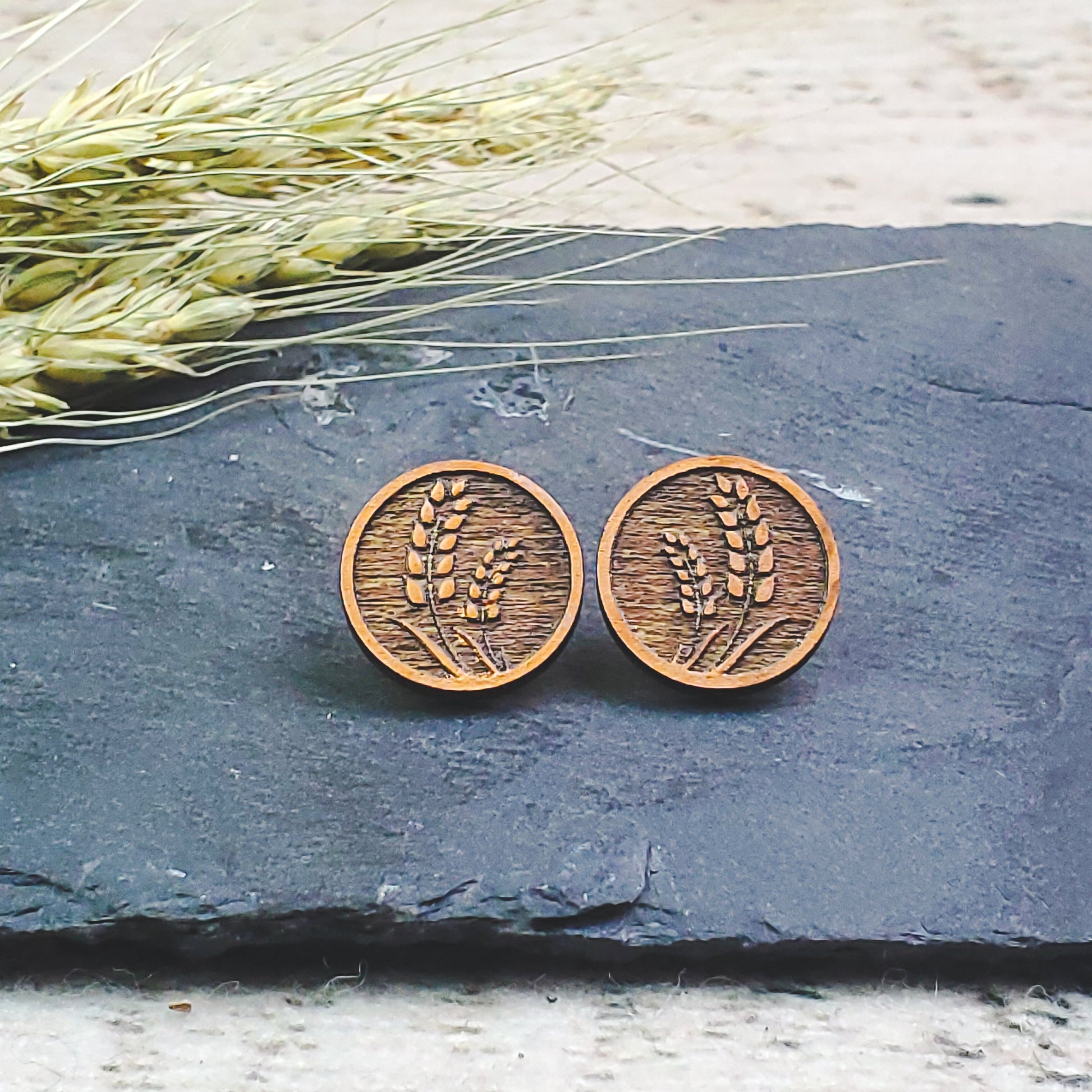 Large Bronze Wheat Engraved Wood Earring Posts - A Farm Girl by Tess | Handmade Alpaca Wool Winter Hats for Women