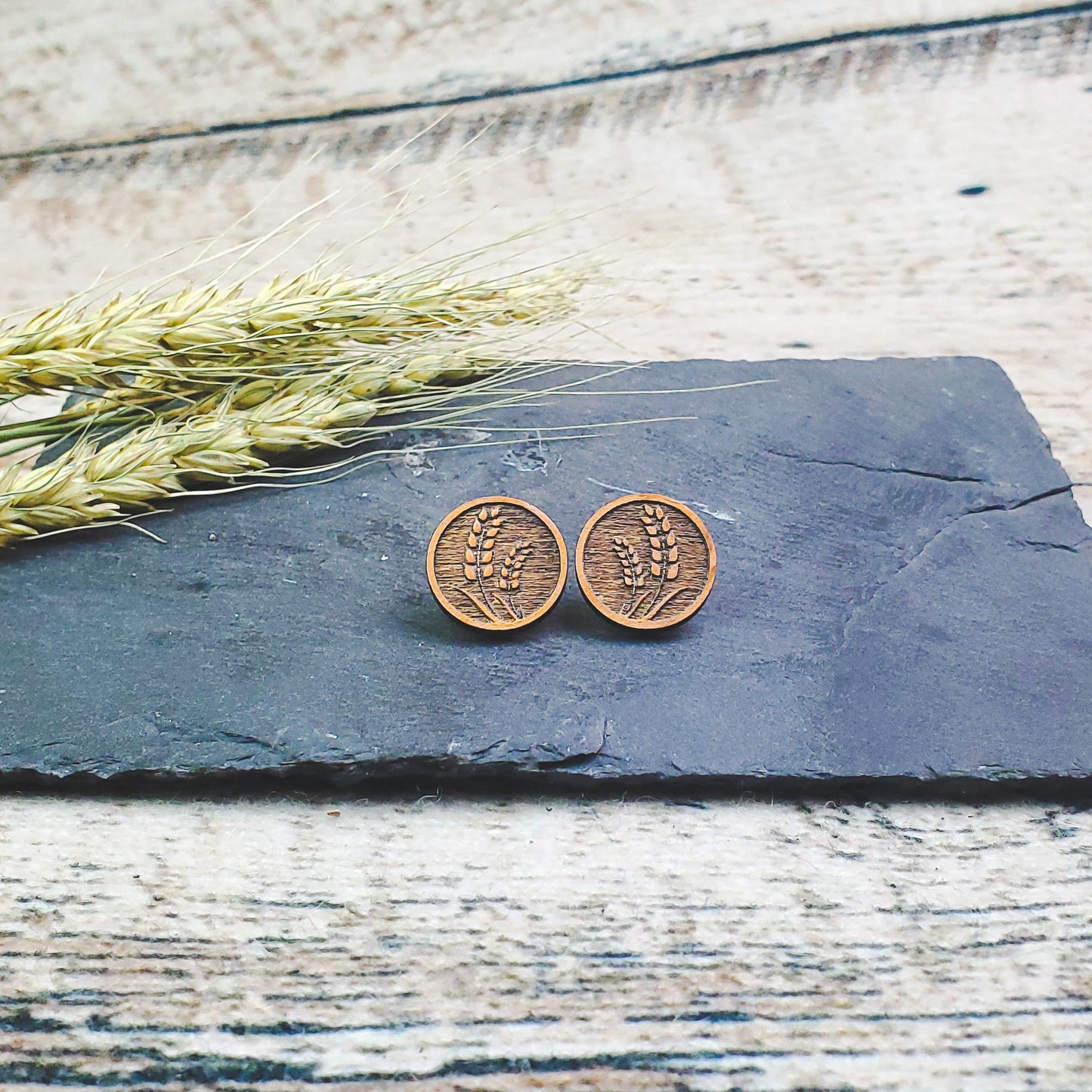 Large Bronze Wheat Engraved Wood Earring Posts - A Farm Girl by Tess | Handmade Alpaca Wool Winter Hats for Women
