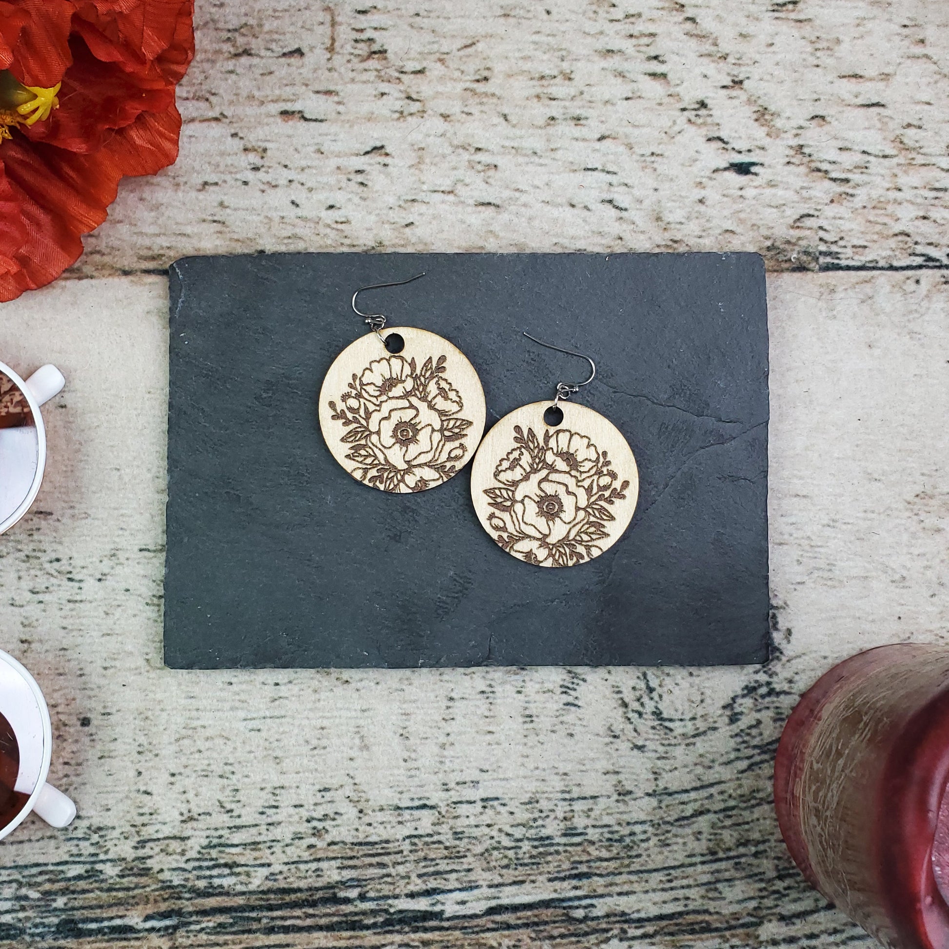 Large Circle Poppy Engraved Wood Earrings - A Farm Girl by Tess | Handmade Alpaca Wool Winter Hats for Women