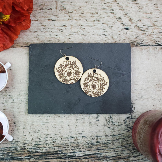 Large Circle Poppy Engraved Wood Earrings - A Farm Girl by Tess | Handmade Alpaca Wool Winter Hats for Women