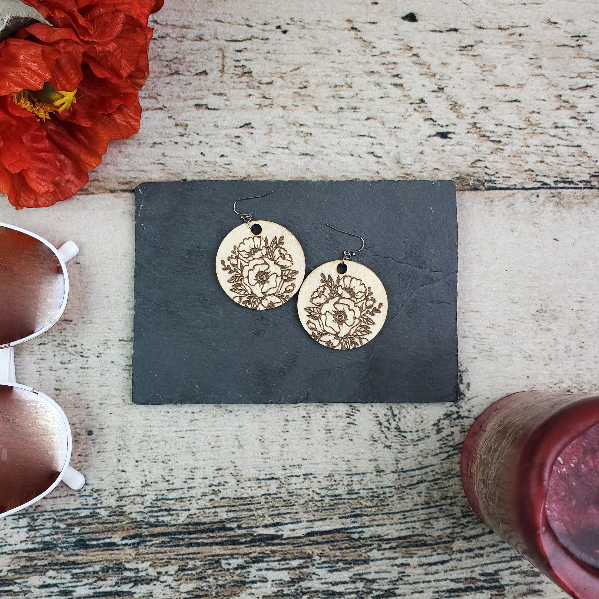 Large Circle Poppy Engraved Wood Earrings - A Farm Girl by Tess | Handmade Alpaca Wool Winter Hats for Women