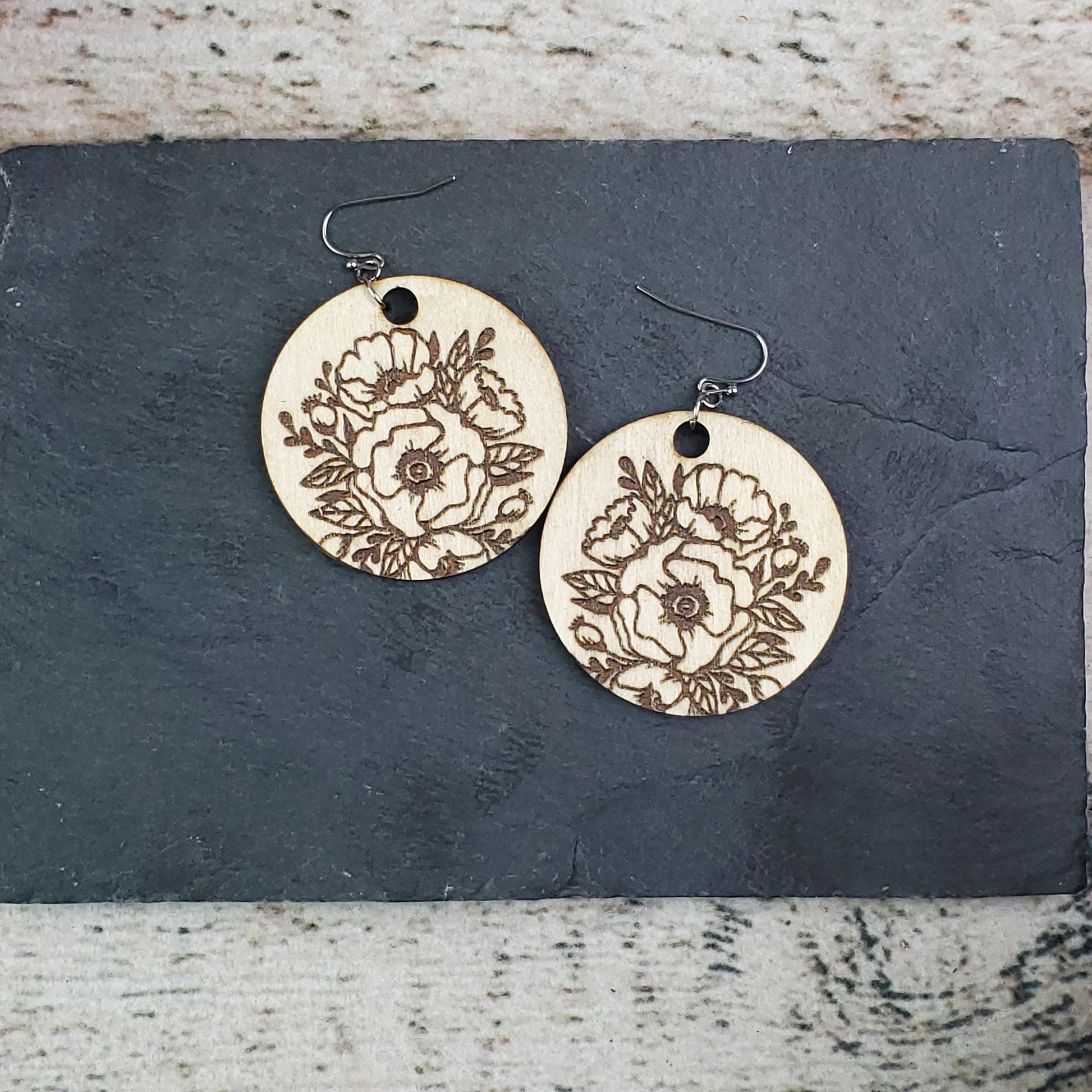 Large Circle Poppy Engraved Wood Earrings - A Farm Girl by Tess | Handmade Alpaca Wool Winter Hats for Women