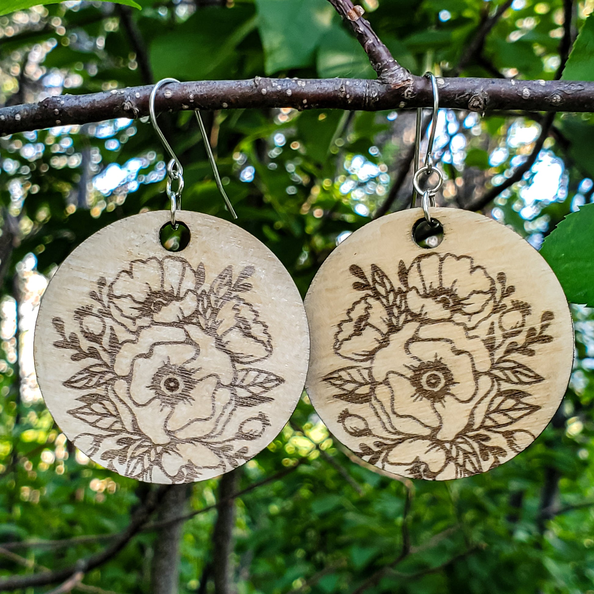 Large Circle Poppy Engraved Wood Earrings - A Farm Girl by Tess | Handmade Alpaca Wool Winter Hats for Women