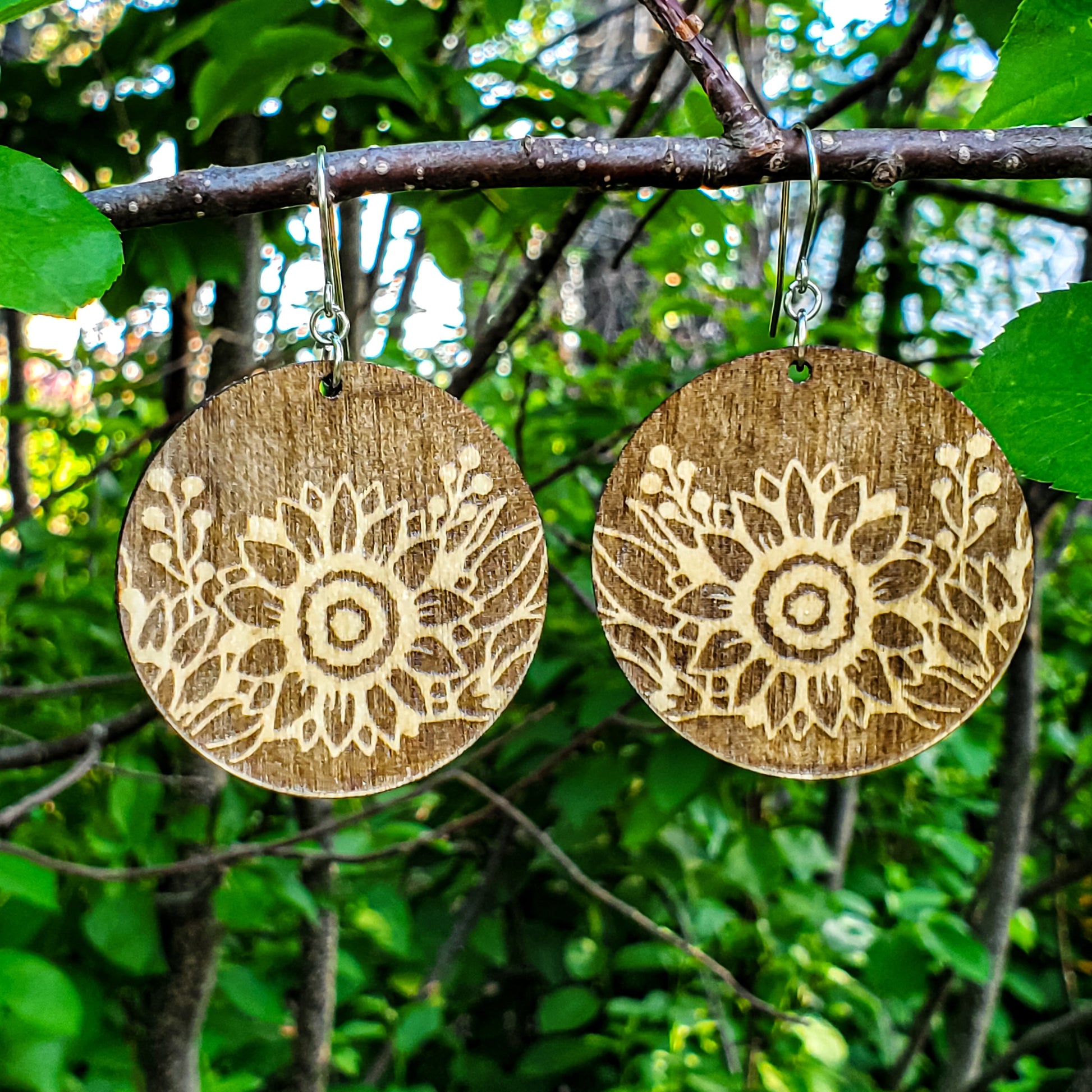 Large Circle Sunflower Engraved Wood Earrings - A Farm Girl by Tess | Handmade Alpaca Wool Winter Hats for Women