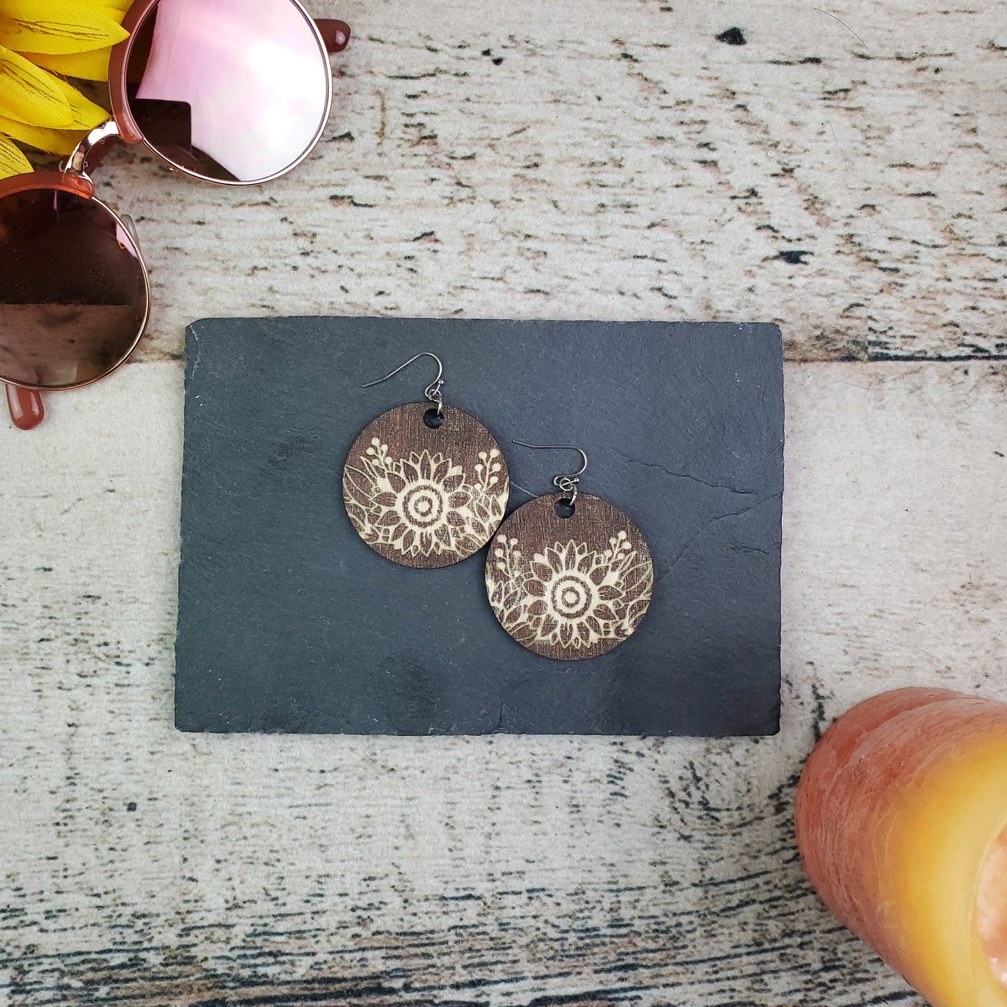 Large Circle Sunflower Engraved Wood Earrings - A Farm Girl by Tess | Handmade Alpaca Wool Winter Hats for Women