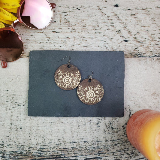 Large Circle Sunflower Engraved Wood Earrings - A Farm Girl by Tess | Handmade Alpaca Wool Winter Hats for Women