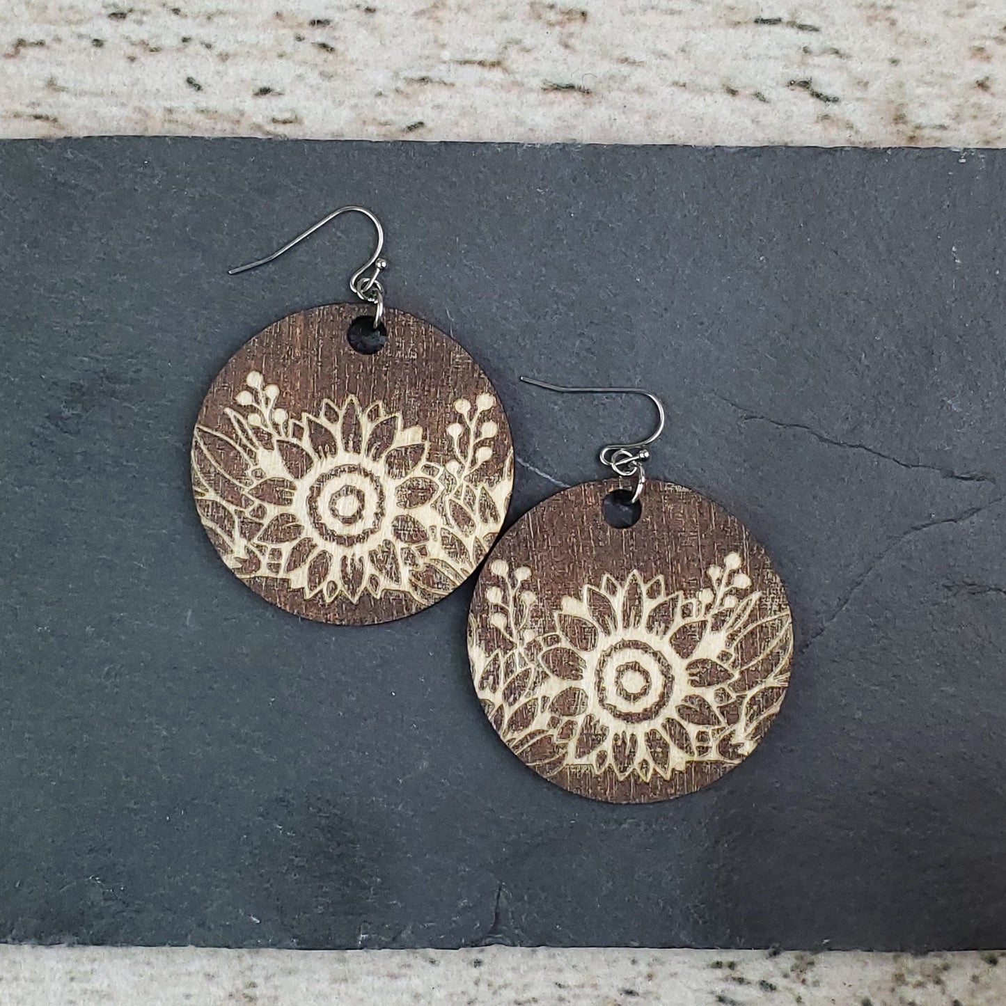 Large Circle Sunflower Engraved Wood Earrings - A Farm Girl by Tess | Handmade Alpaca Wool Winter Hats for Women