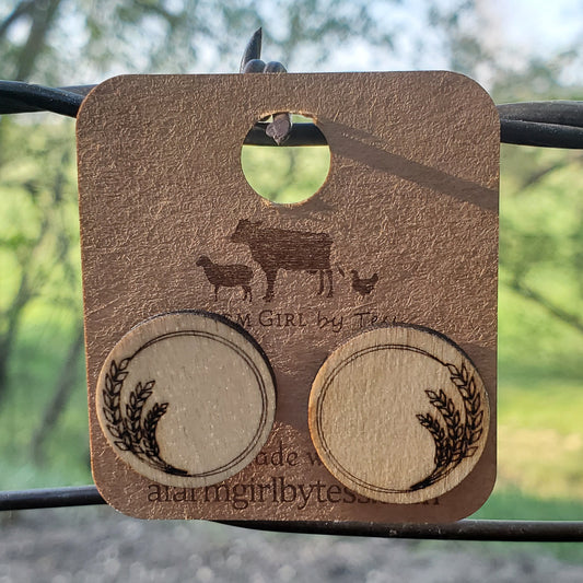 Large Circle Wheat Engraved Wood Earrings - A Farm Girl by Tess | Handmade Alpaca Wool Winter Hats for Women