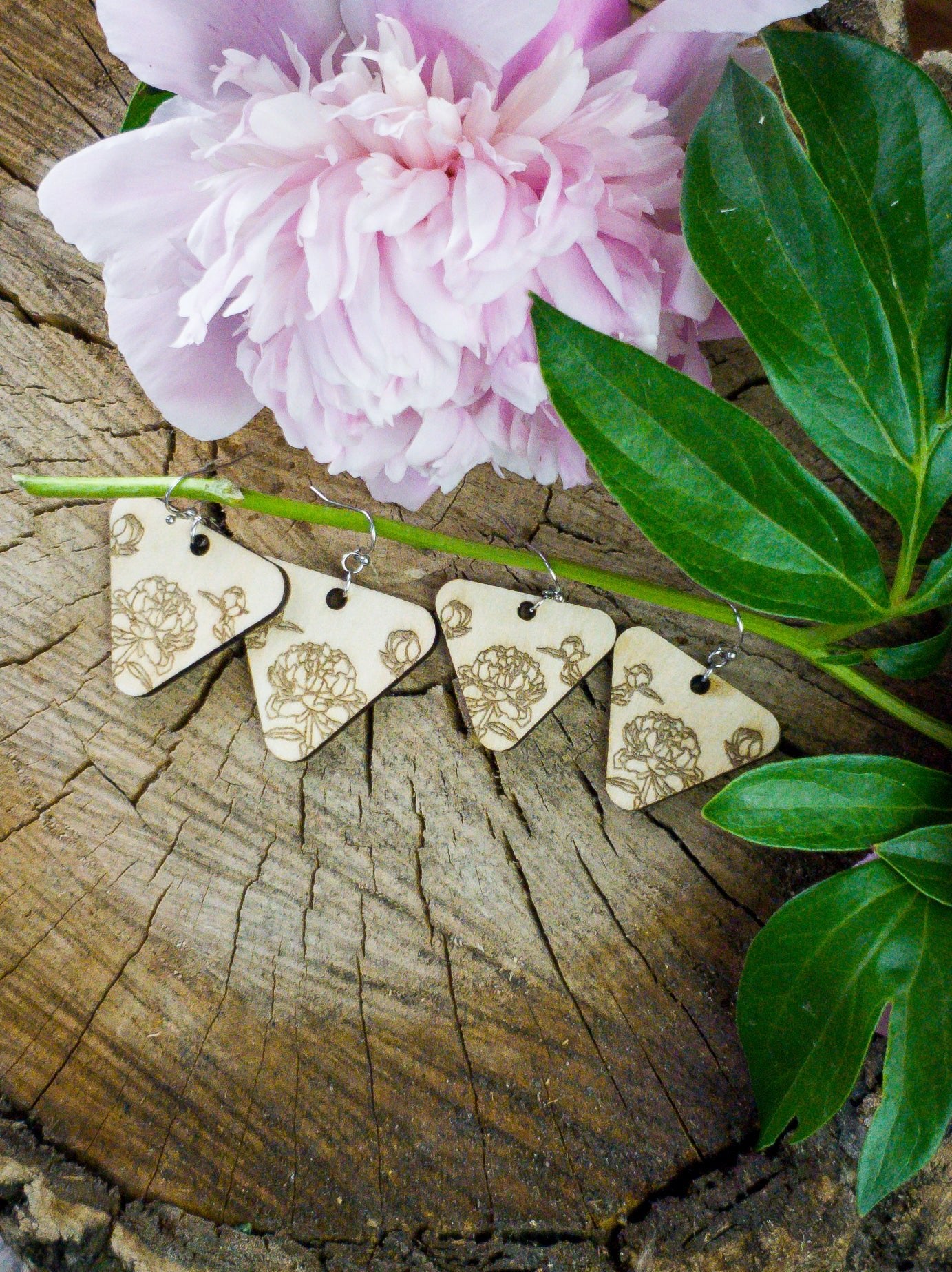 Large Descending Triangle Peony Engraved Wood Earrings - A Farm Girl by Tess | Handmade Alpaca Wool Winter Hats for Women