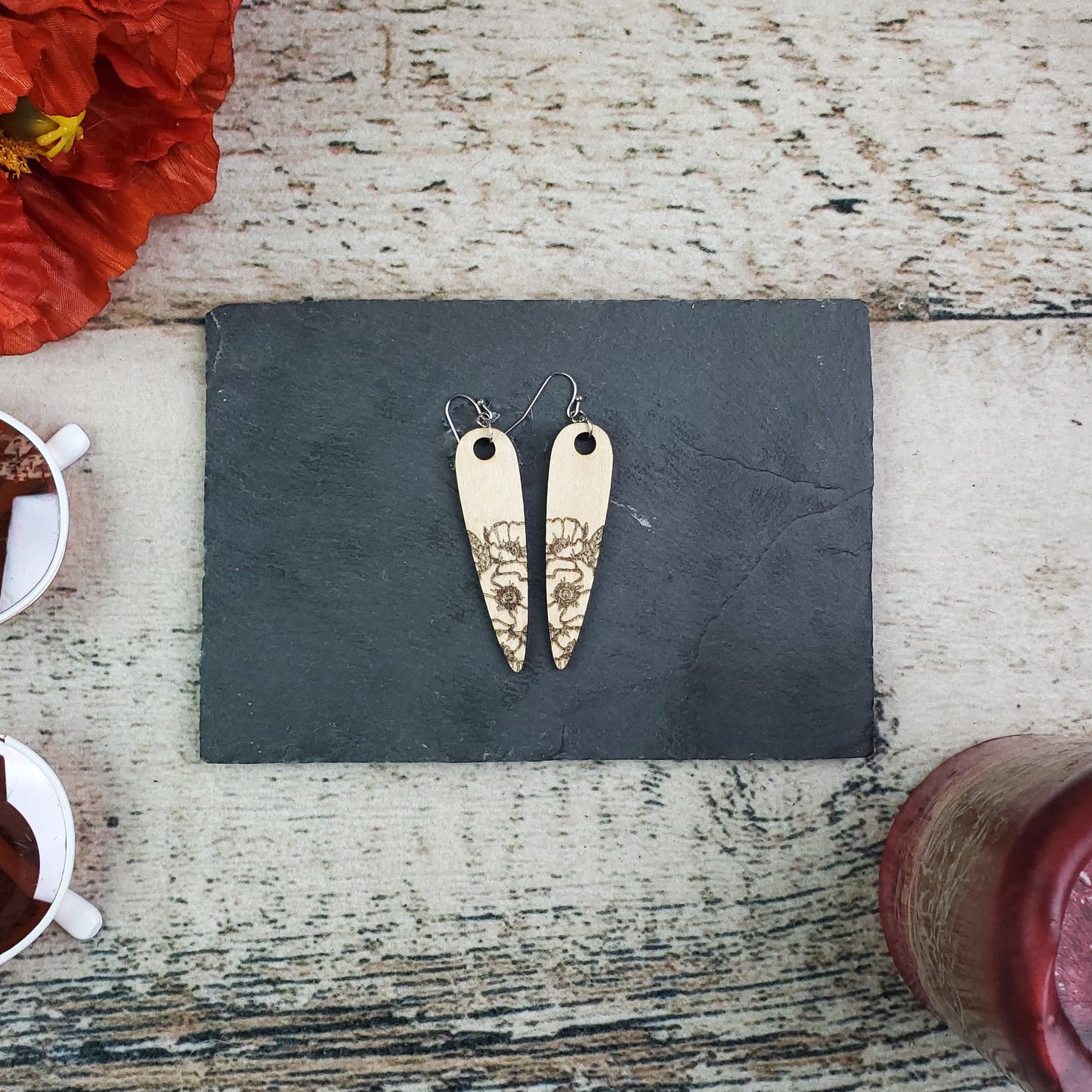 Large Drop Poppy Engraved Wood Earrings - A Farm Girl by Tess | Handmade Alpaca Wool Winter Hats for Women