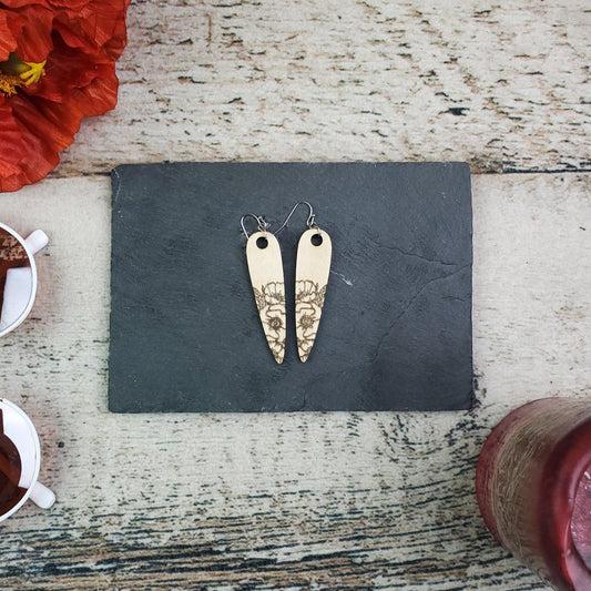 Large Drop Poppy Engraved Wood Earrings - A Farm Girl by Tess | Handmade Alpaca Wool Winter Hats for Women