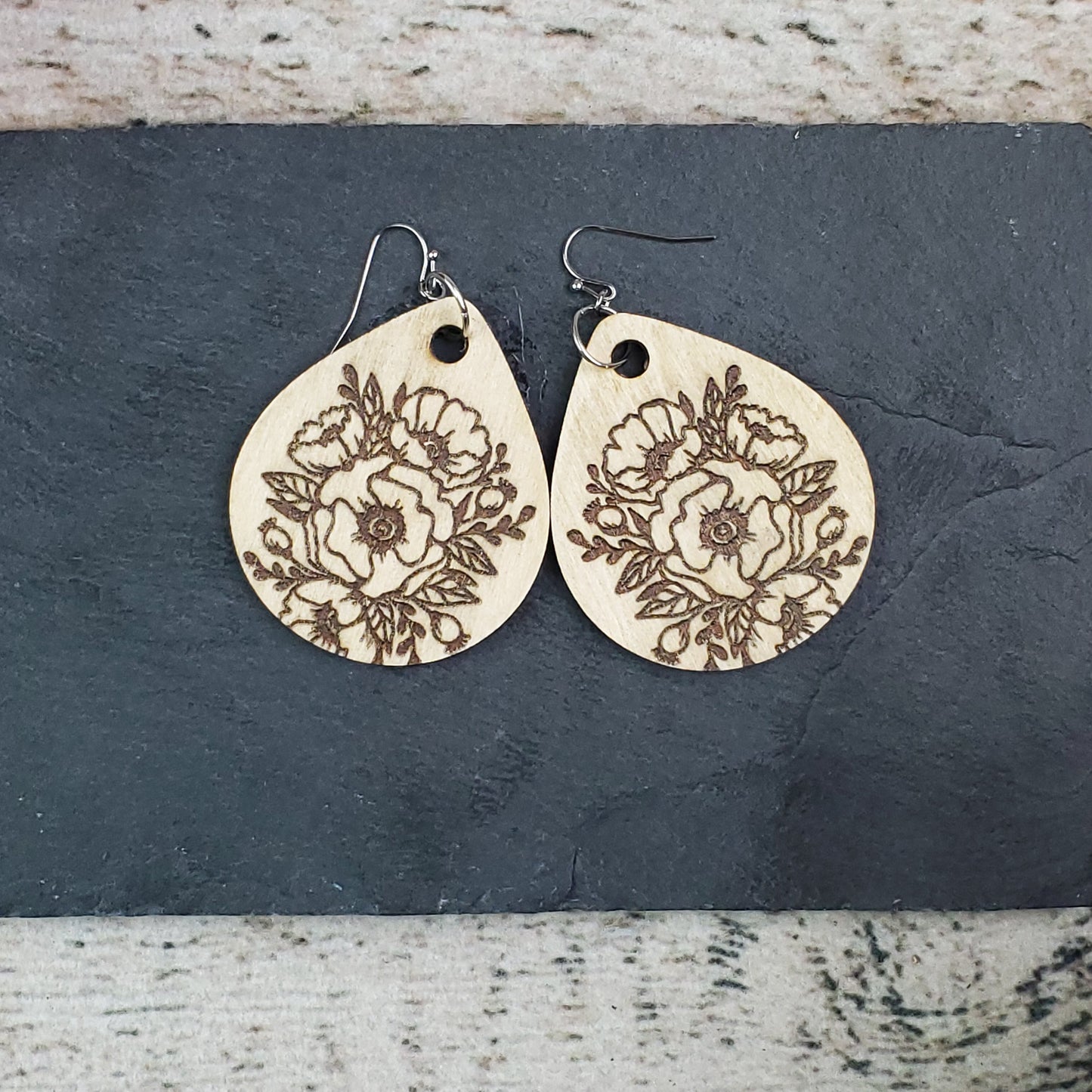 Large Drop Poppy Engraved Wood Earrings - A Farm Girl by Tess | Handmade Alpaca Wool Winter Hats for Women