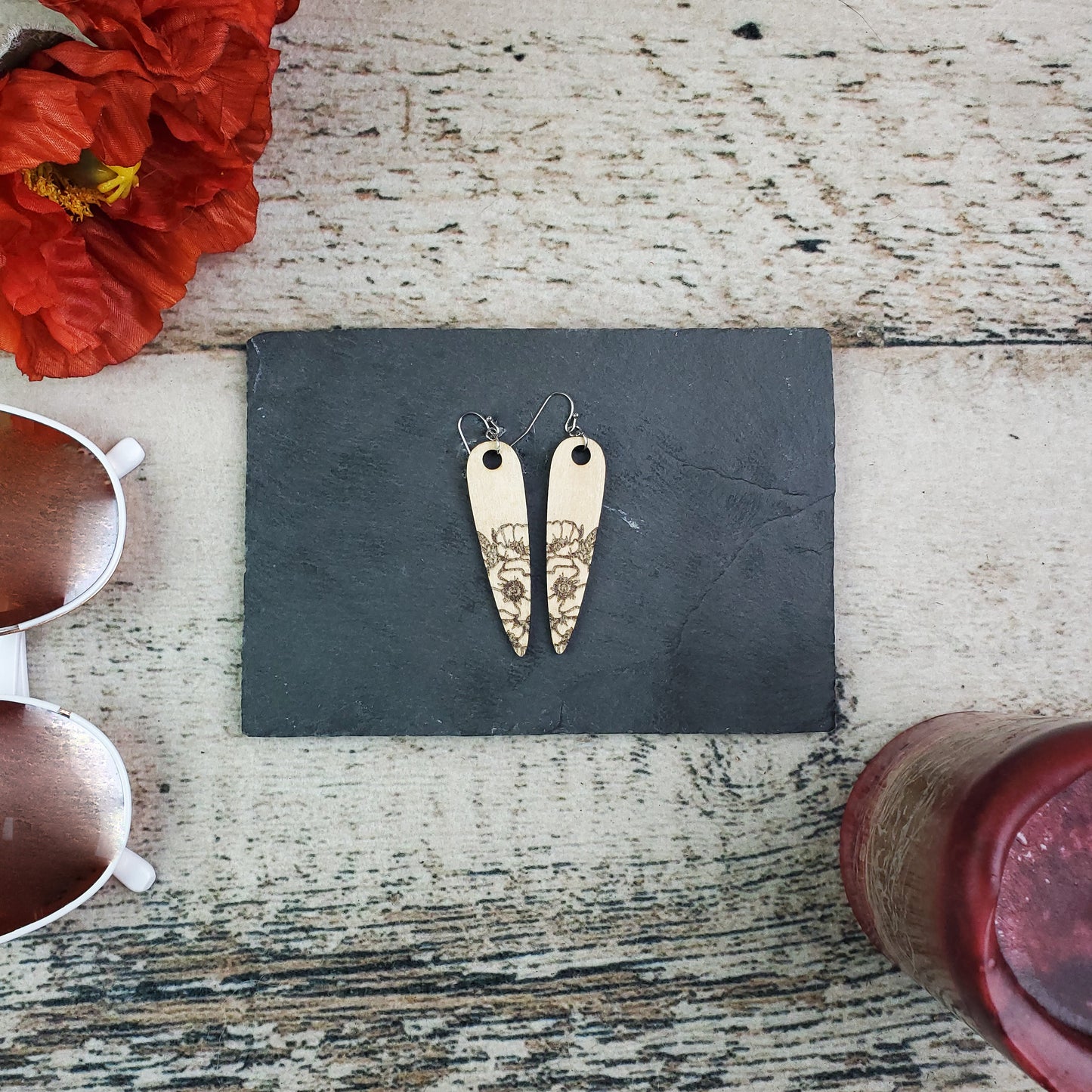 Large Drop Poppy Engraved Wood Earrings - A Farm Girl by Tess | Handmade Alpaca Wool Winter Hats for Women
