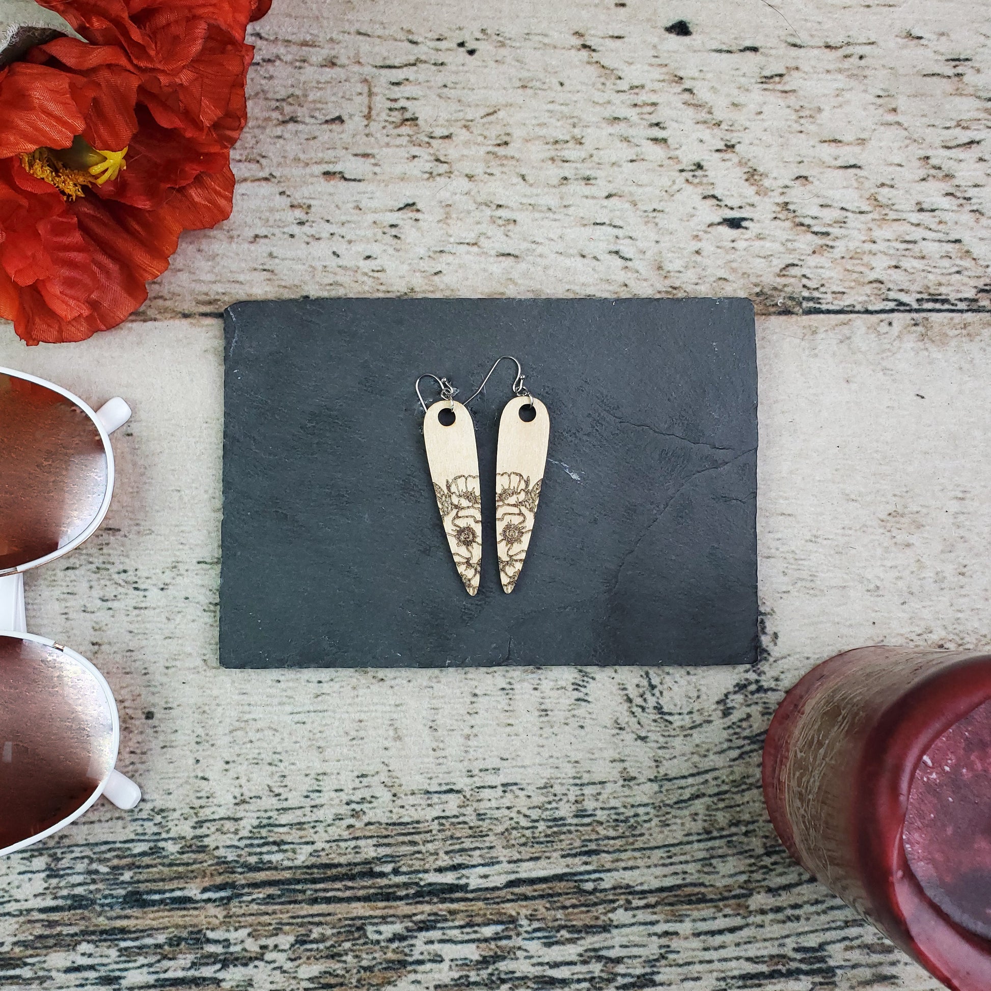 Large Drop Poppy Engraved Wood Earrings - A Farm Girl by Tess | Handmade Alpaca Wool Winter Hats for Women