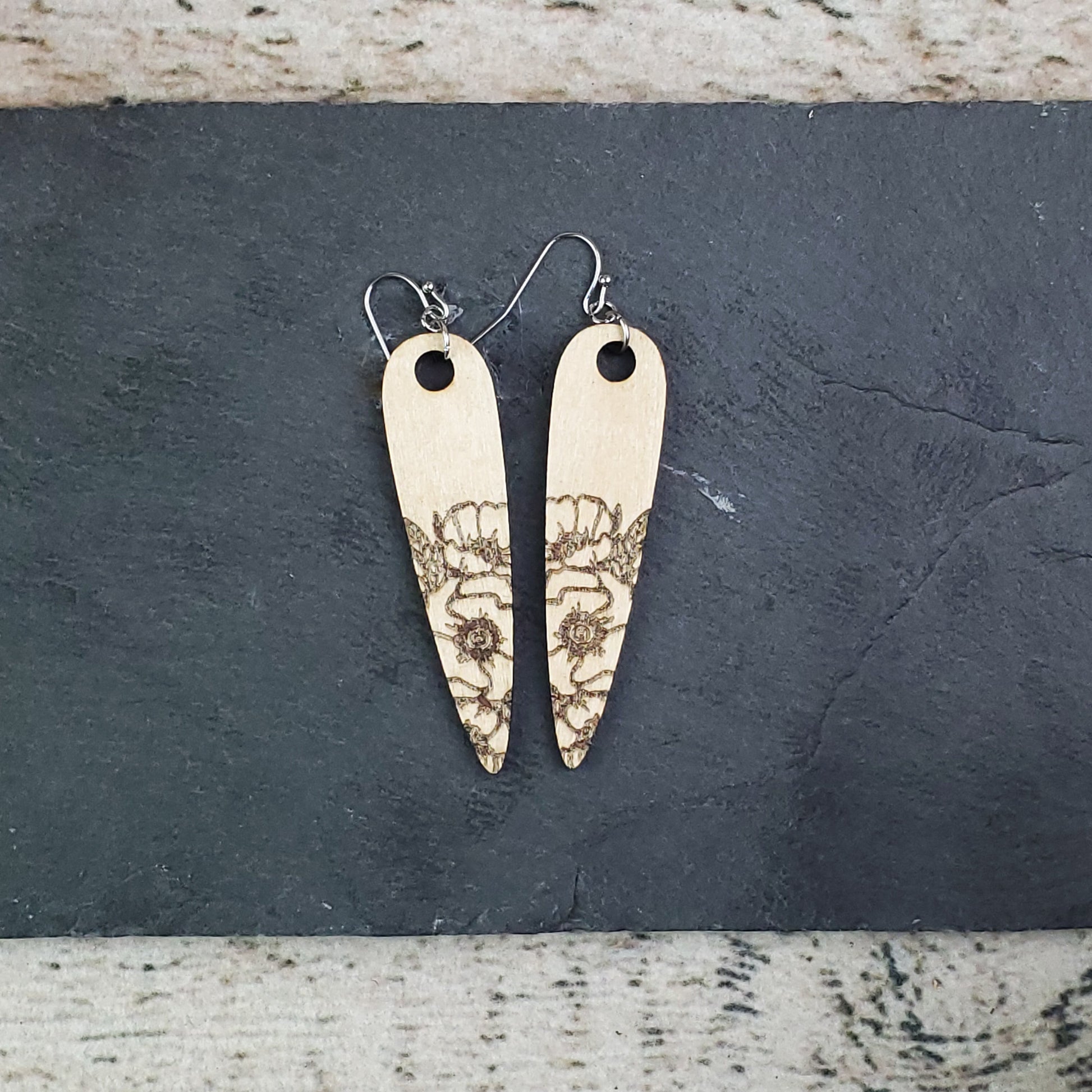 Large Drop Poppy Engraved Wood Earrings - A Farm Girl by Tess | Handmade Alpaca Wool Winter Hats for Women