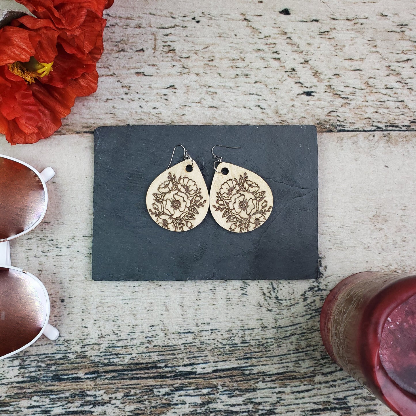 Large Drop Poppy Engraved Wood Earrings - A Farm Girl by Tess | Handmade Alpaca Wool Winter Hats for Women