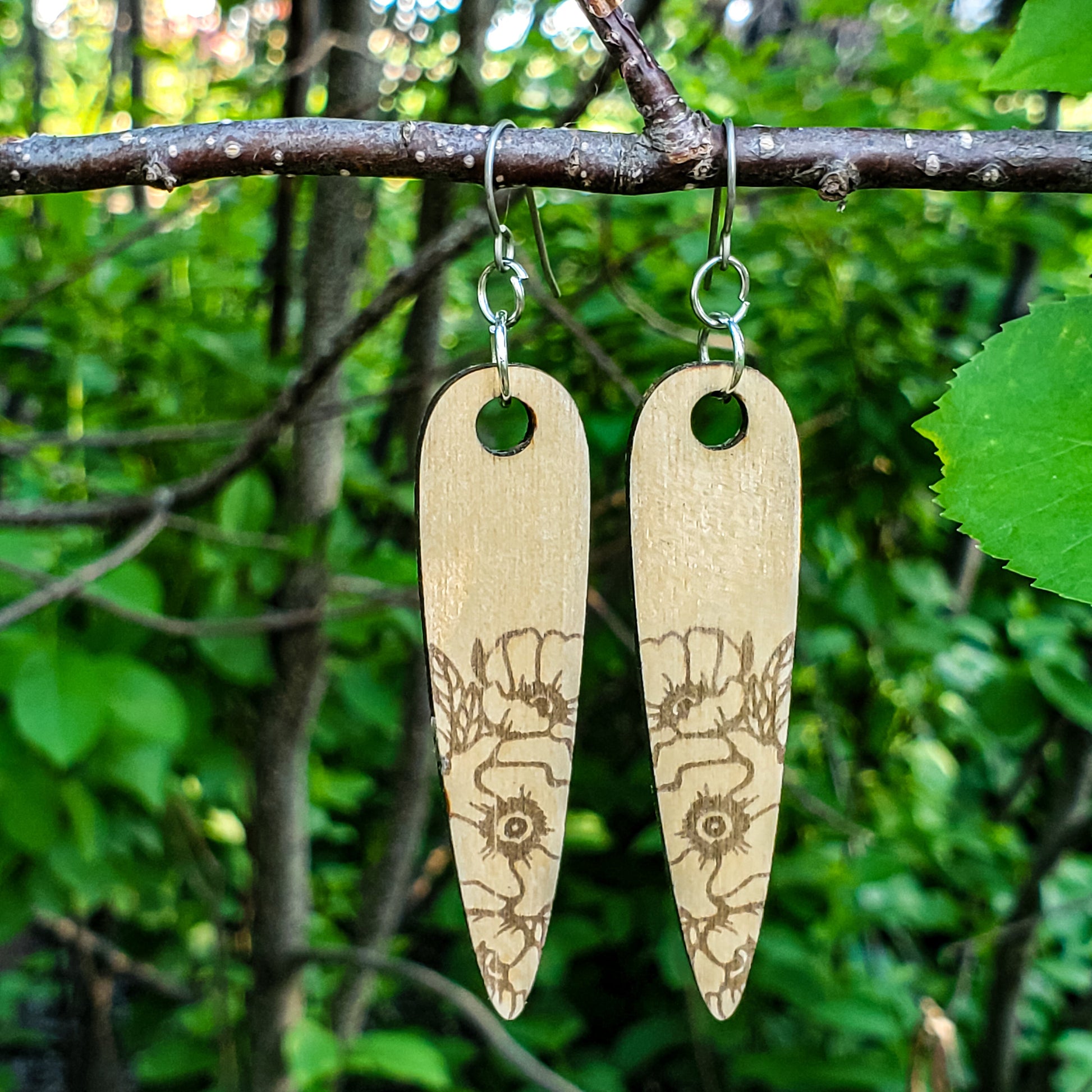 Large Drop Poppy Engraved Wood Earrings - A Farm Girl by Tess | Handmade Alpaca Wool Winter Hats for Women