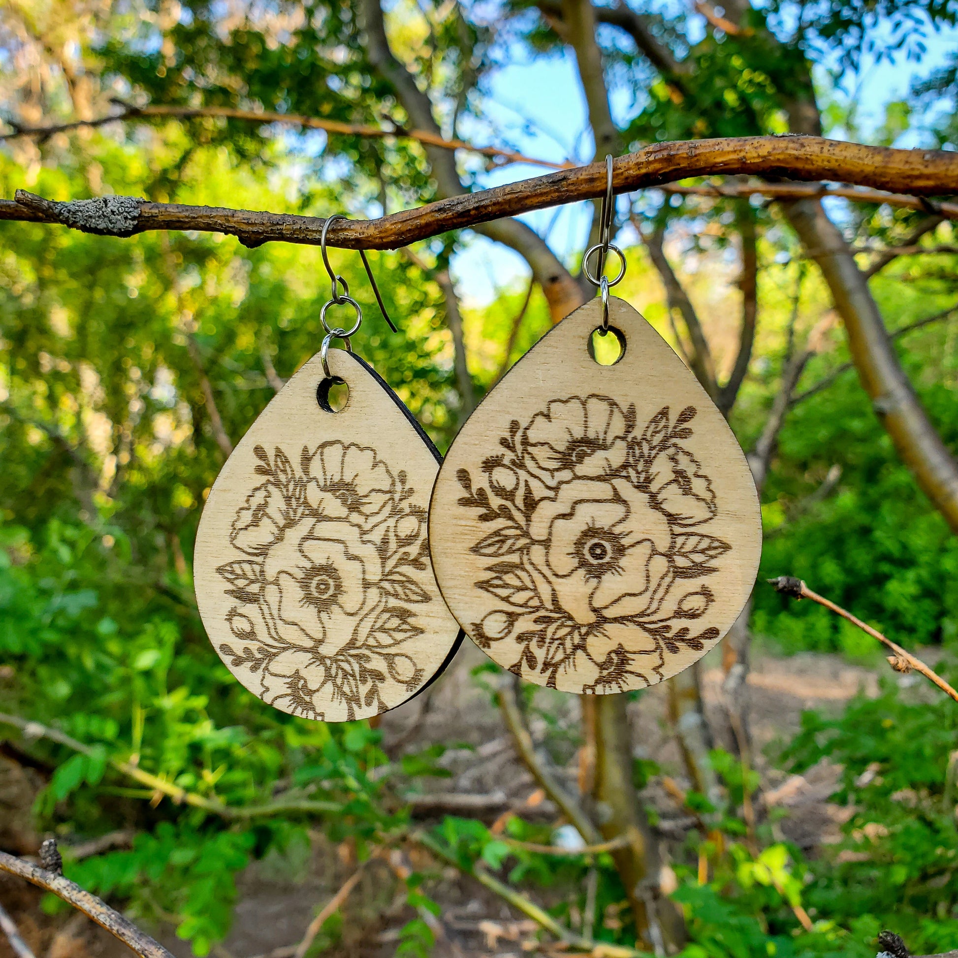 Large Drop Poppy Engraved Wood Earrings - A Farm Girl by Tess | Handmade Alpaca Wool Winter Hats for Women