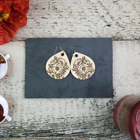 Large Drop Poppy Engraved Wood Earrings - A Farm Girl by Tess | Handmade Alpaca Wool Winter Hats for Women