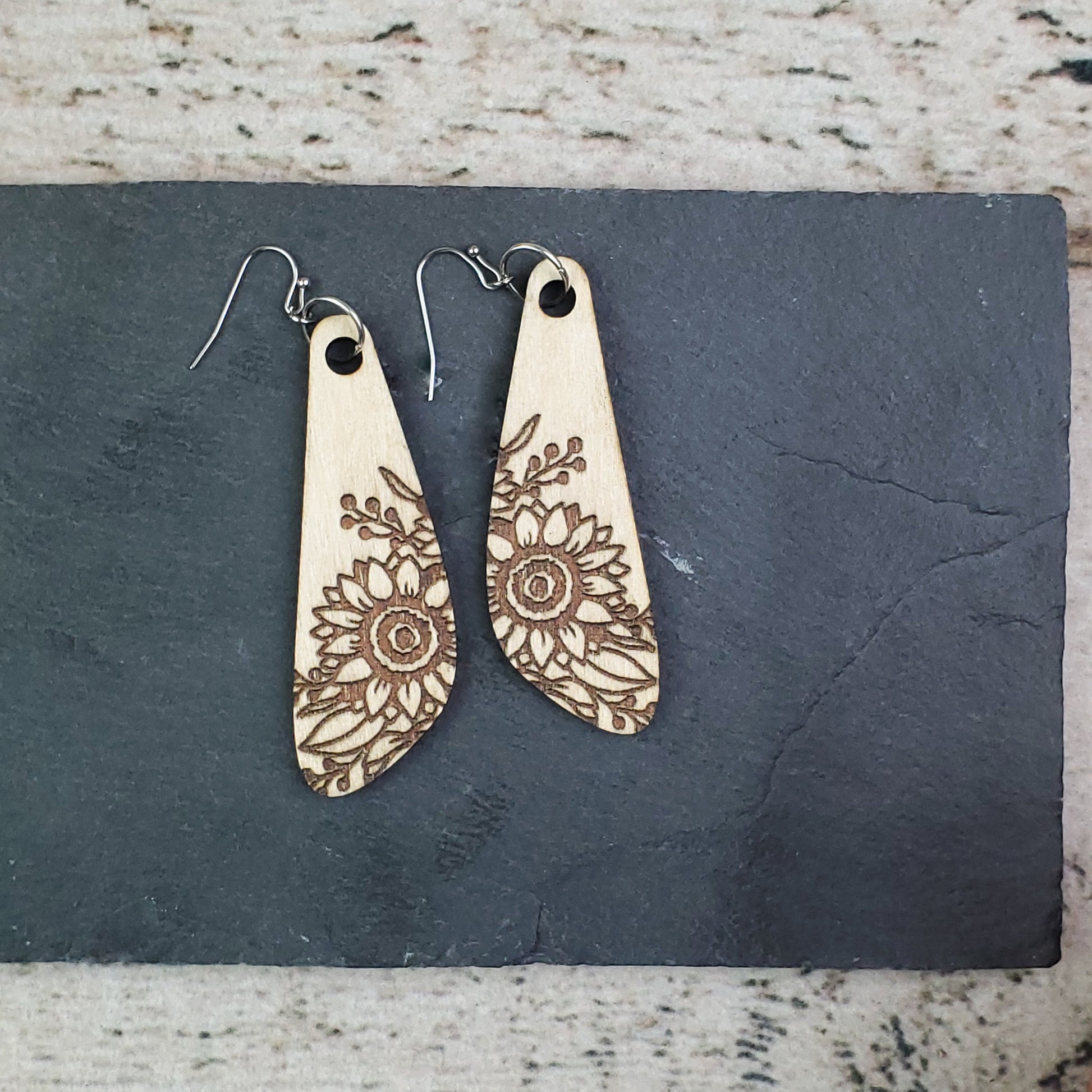 Large Drop Sunflower Engraved Wood Earrings - A Farm Girl by Tess | Handmade Alpaca Wool Winter Hats for Women