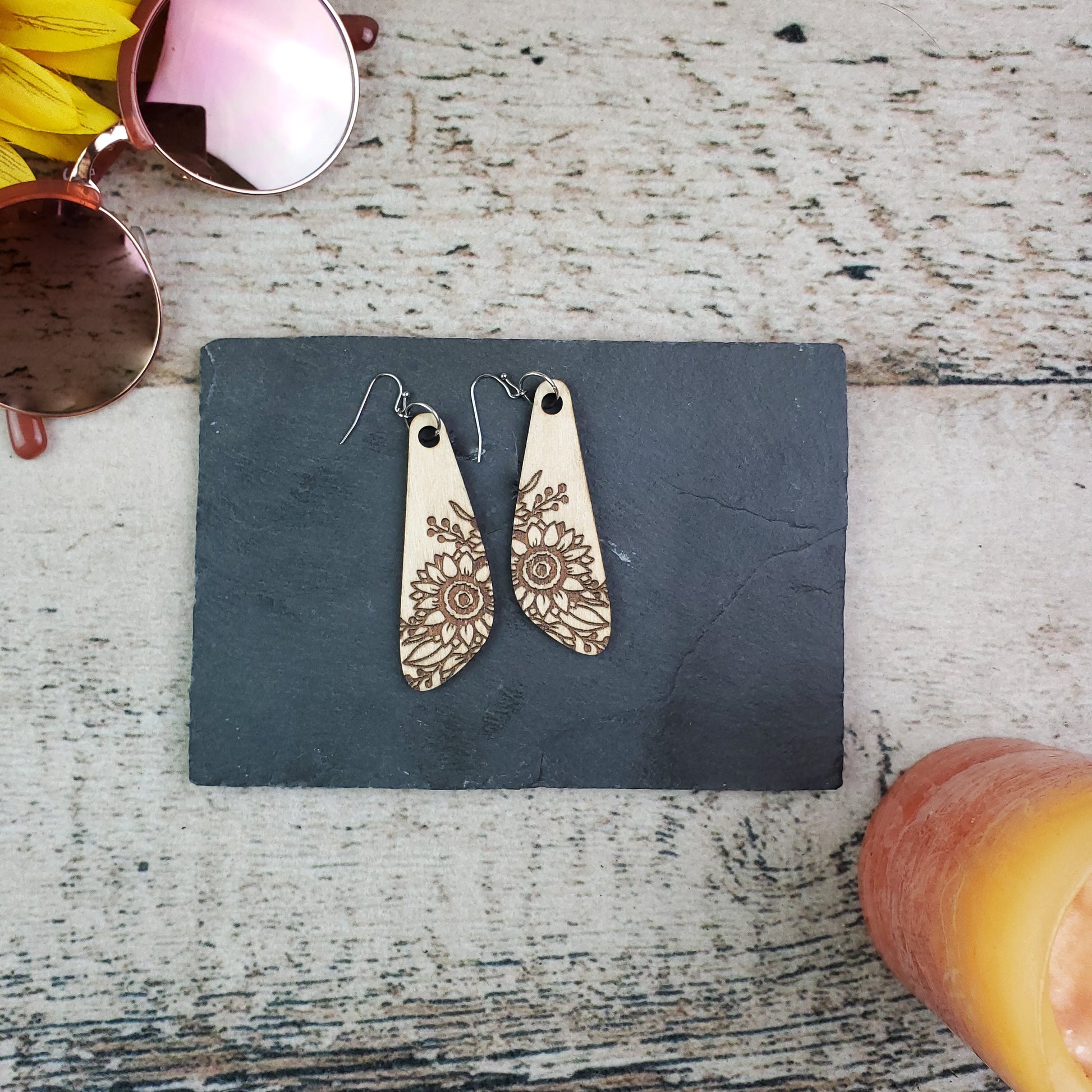 Large Drop Sunflower Engraved Wood Earrings - A Farm Girl by Tess | Handmade Alpaca Wool Winter Hats for Women