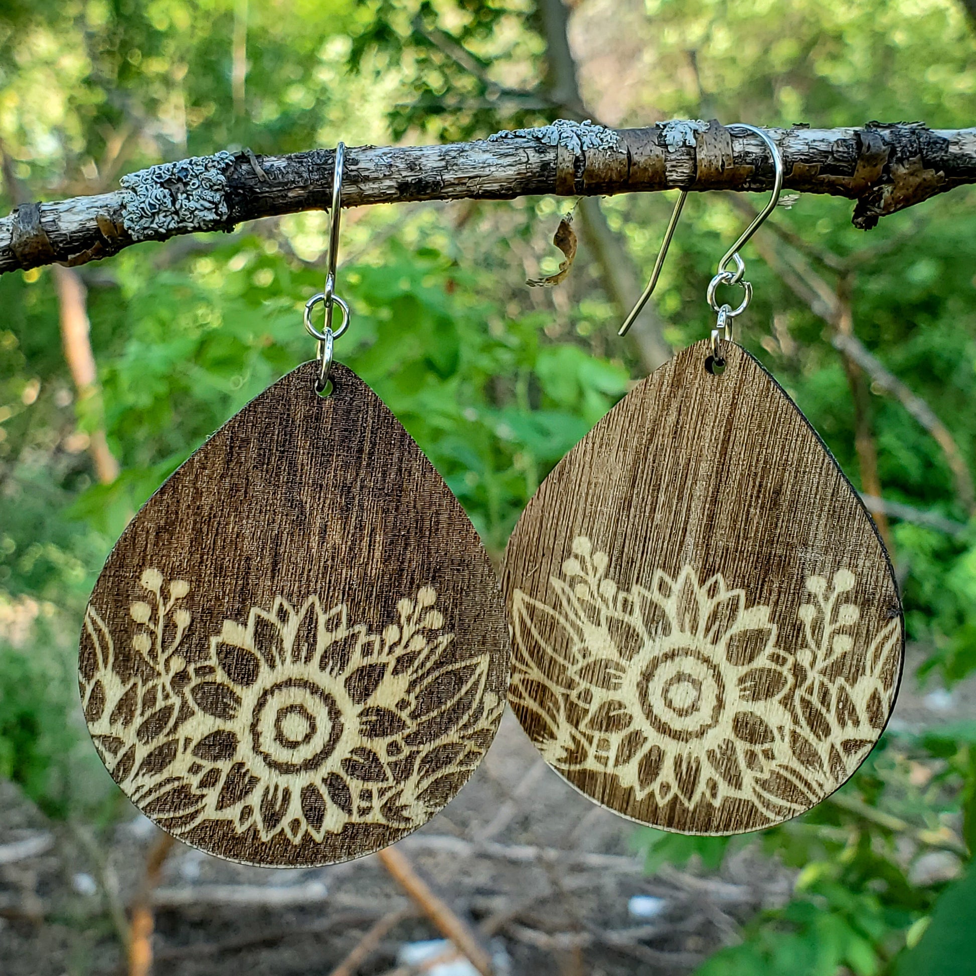 Large Drop Sunflower Engraved Wood Earrings - A Farm Girl by Tess | Handmade Alpaca Wool Winter Hats for Women