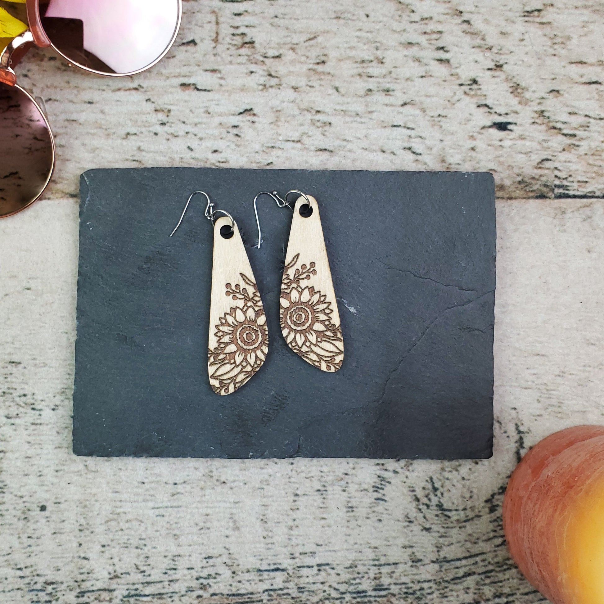 Large Drop Sunflower Engraved Wood Earrings - A Farm Girl by Tess | Handmade Alpaca Wool Winter Hats for Women