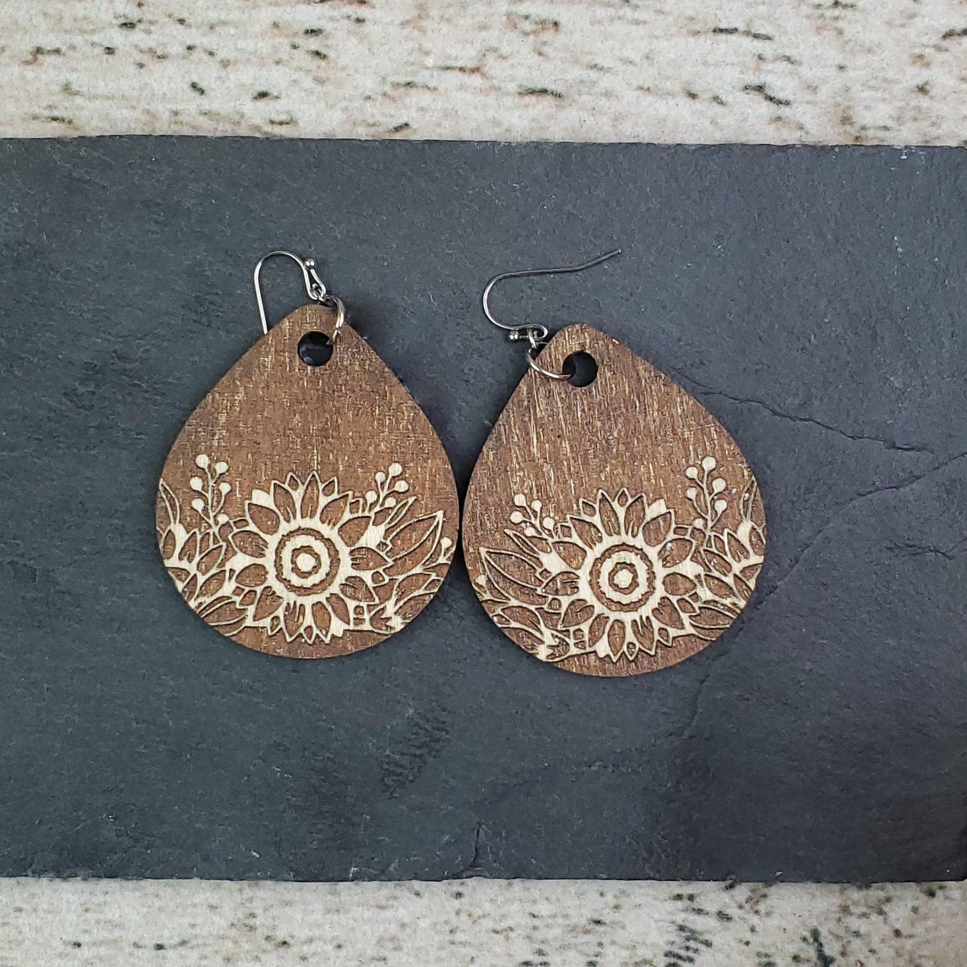 Large Drop Sunflower Engraved Wood Earrings - A Farm Girl by Tess | Handmade Alpaca Wool Winter Hats for Women