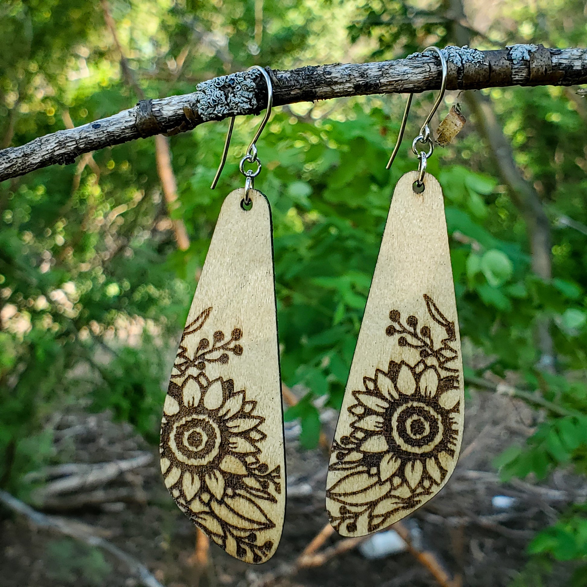 Large Drop Sunflower Engraved Wood Earrings - A Farm Girl by Tess | Handmade Alpaca Wool Winter Hats for Women