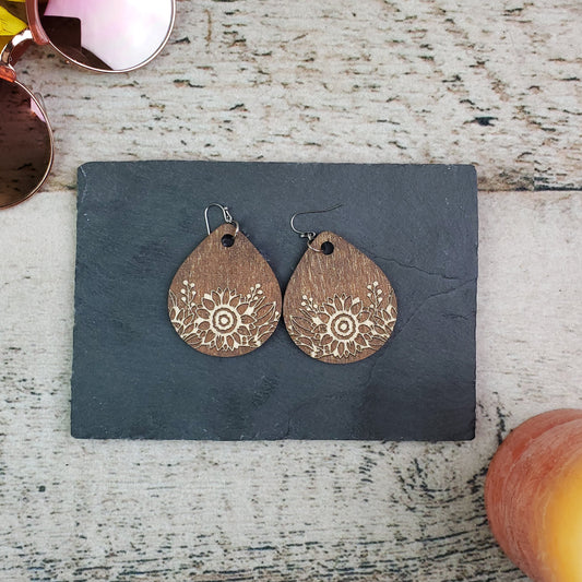 Large Drop Sunflower Engraved Wood Earrings - A Farm Girl by Tess | Handmade Alpaca Wool Winter Hats for Women