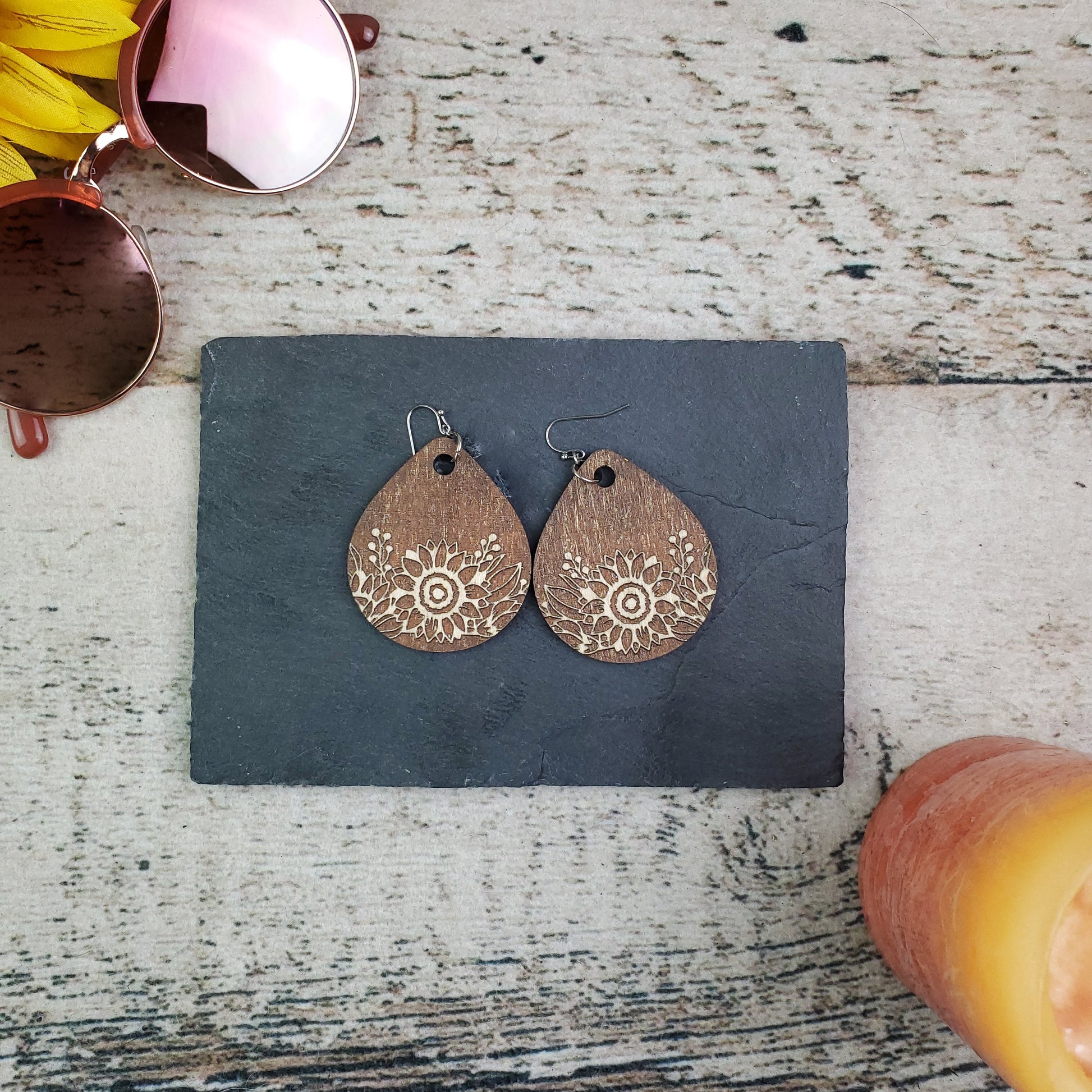 Large Drop Sunflower Engraved Wood Earrings - A Farm Girl by Tess | Handmade Alpaca Wool Winter Hats for Women
