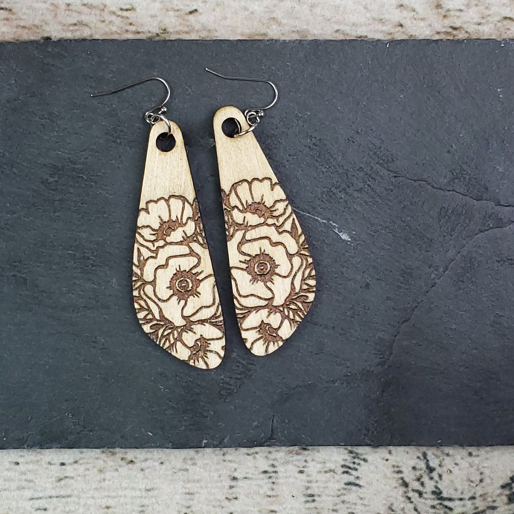 Large Poppy Wood Engraved Drop Earring - A Farm Girl by Tess | Handmade Alpaca Wool Winter Hats for Women