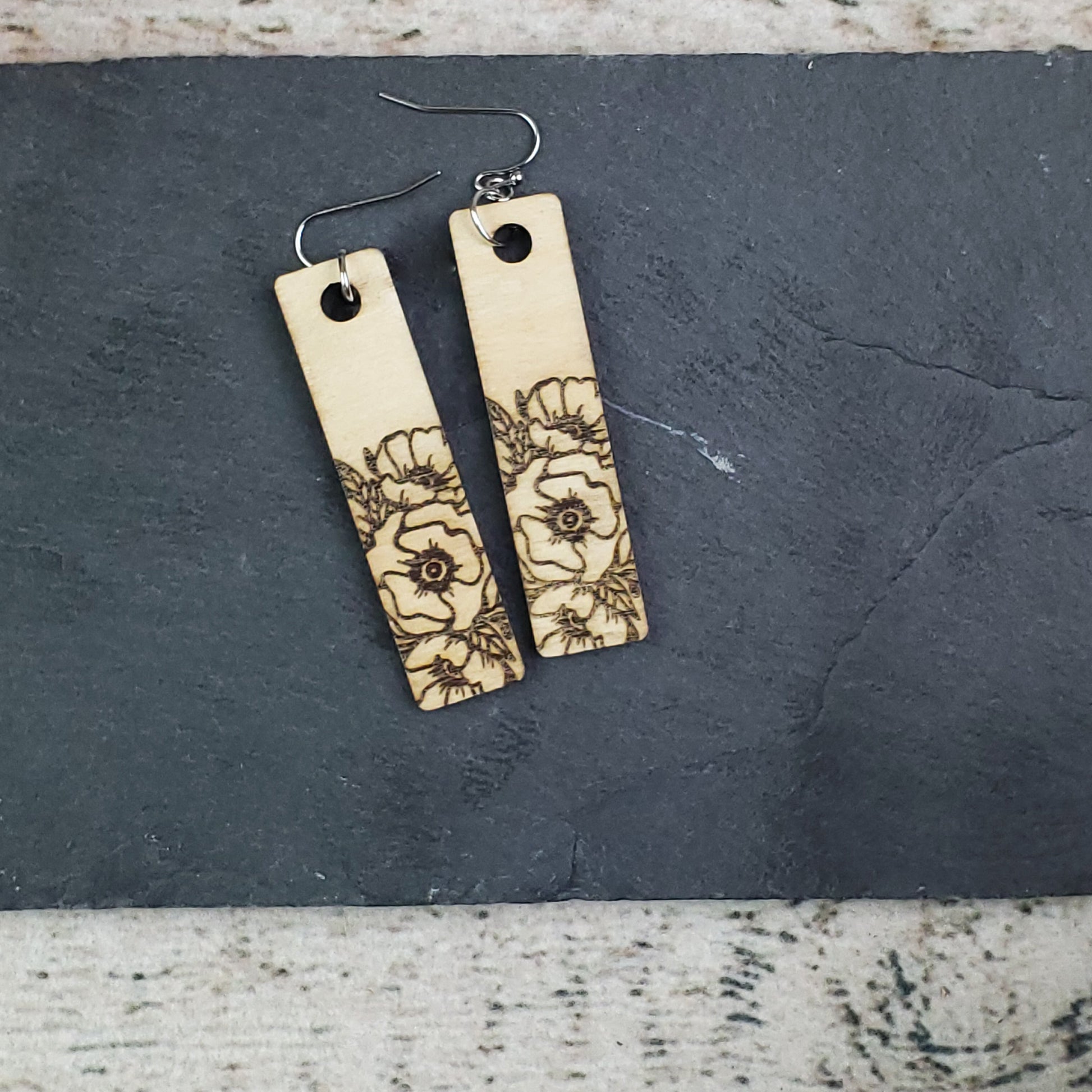 Large Rectangle Poppy Engraved Wood Earrings - A Farm Girl by Tess | Handmade Alpaca Wool Winter Hats for Women