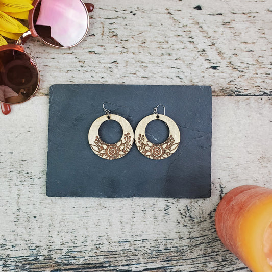 Large Sunflower Cutout Circle Wood Engraved Earrings - A Farm Girl by Tess | Handmade Alpaca Wool Winter Hats for Women
