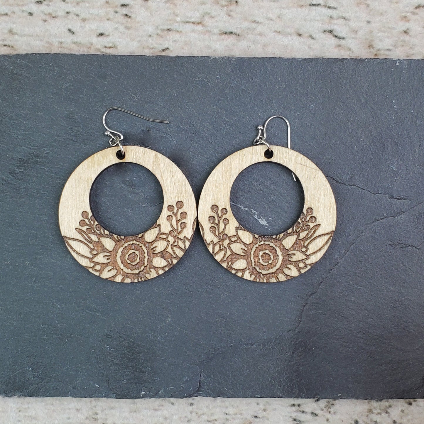 Large Sunflower Cutout Circle Wood Engraved Earrings - A Farm Girl by Tess | Handmade Alpaca Wool Winter Hats for Women