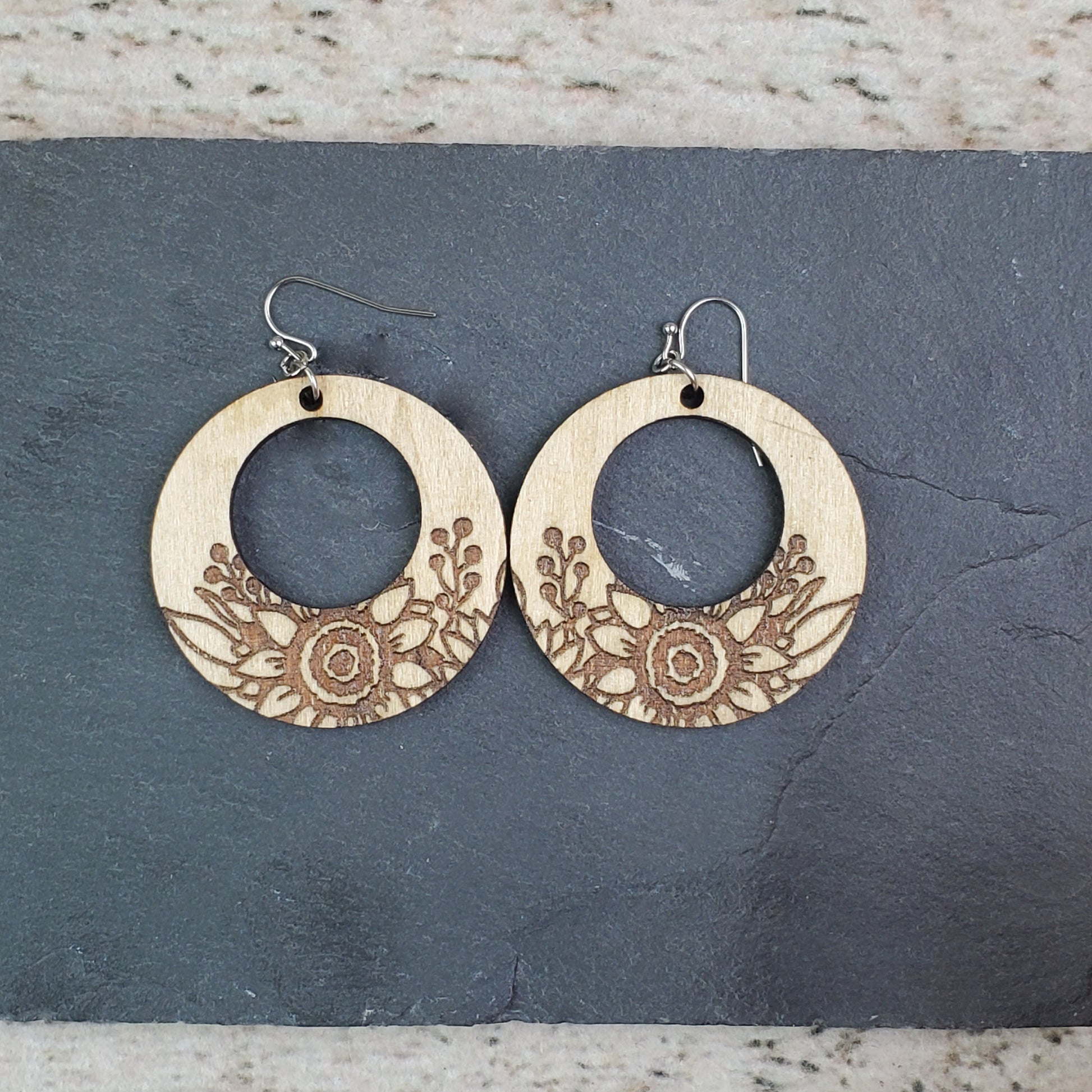 Large Sunflower Cutout Circle Wood Engraved Earrings - A Farm Girl by Tess | Handmade Alpaca Wool Winter Hats for Women