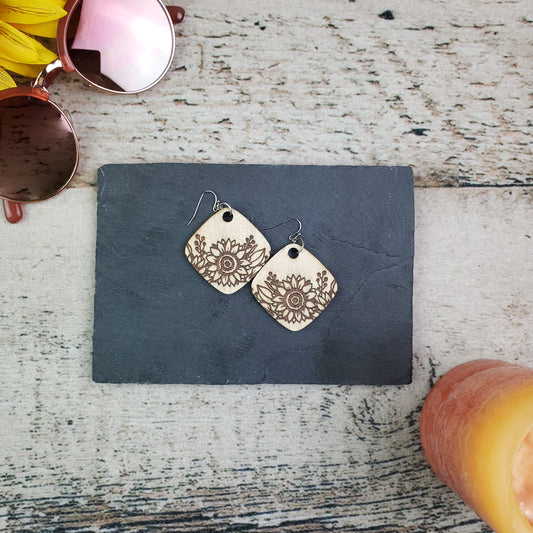 Large Sunflower Diamond Wood Engraved Earrings - A Farm Girl by Tess | Handmade Alpaca Wool Winter Hats for Women