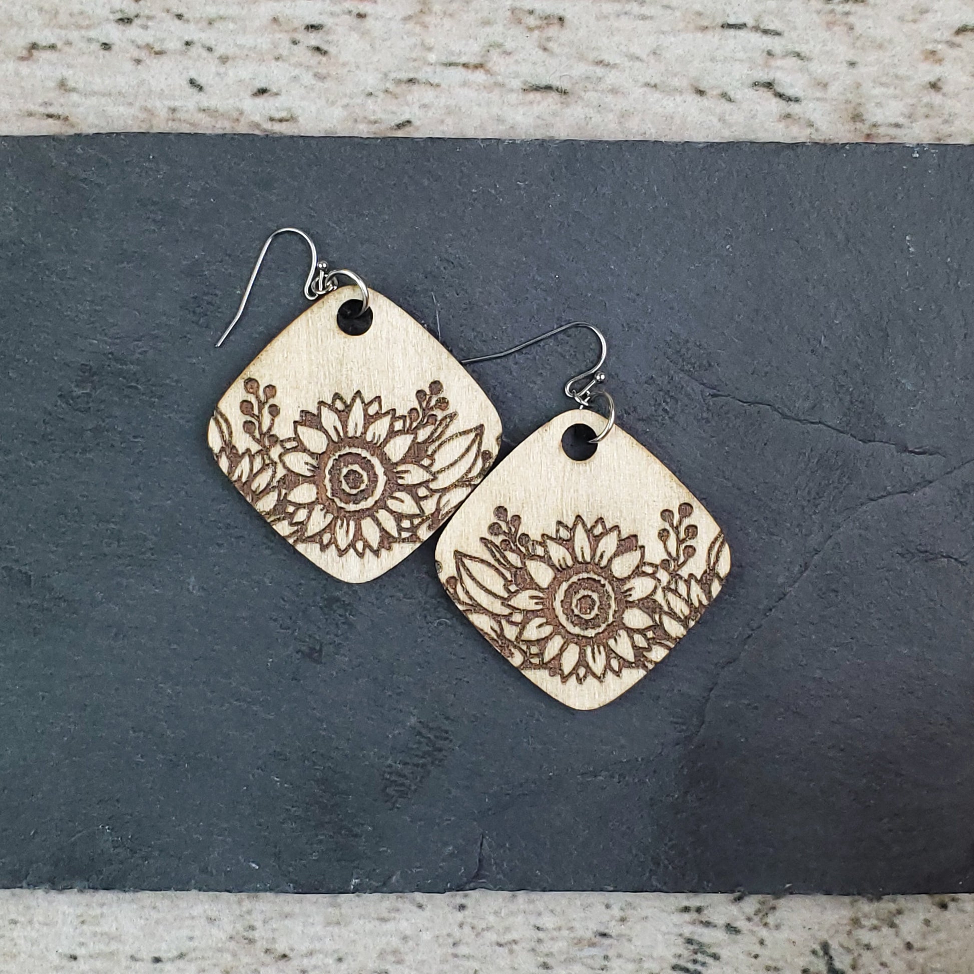 Large Sunflower Diamond Wood Engraved Earrings - A Farm Girl by Tess | Handmade Alpaca Wool Winter Hats for Women