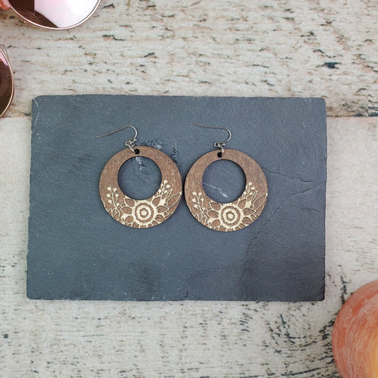 Large Sunflower Engraved Wood Earrings - A Farm Girl by Tess | Handmade Alpaca Wool Winter Hats for Women