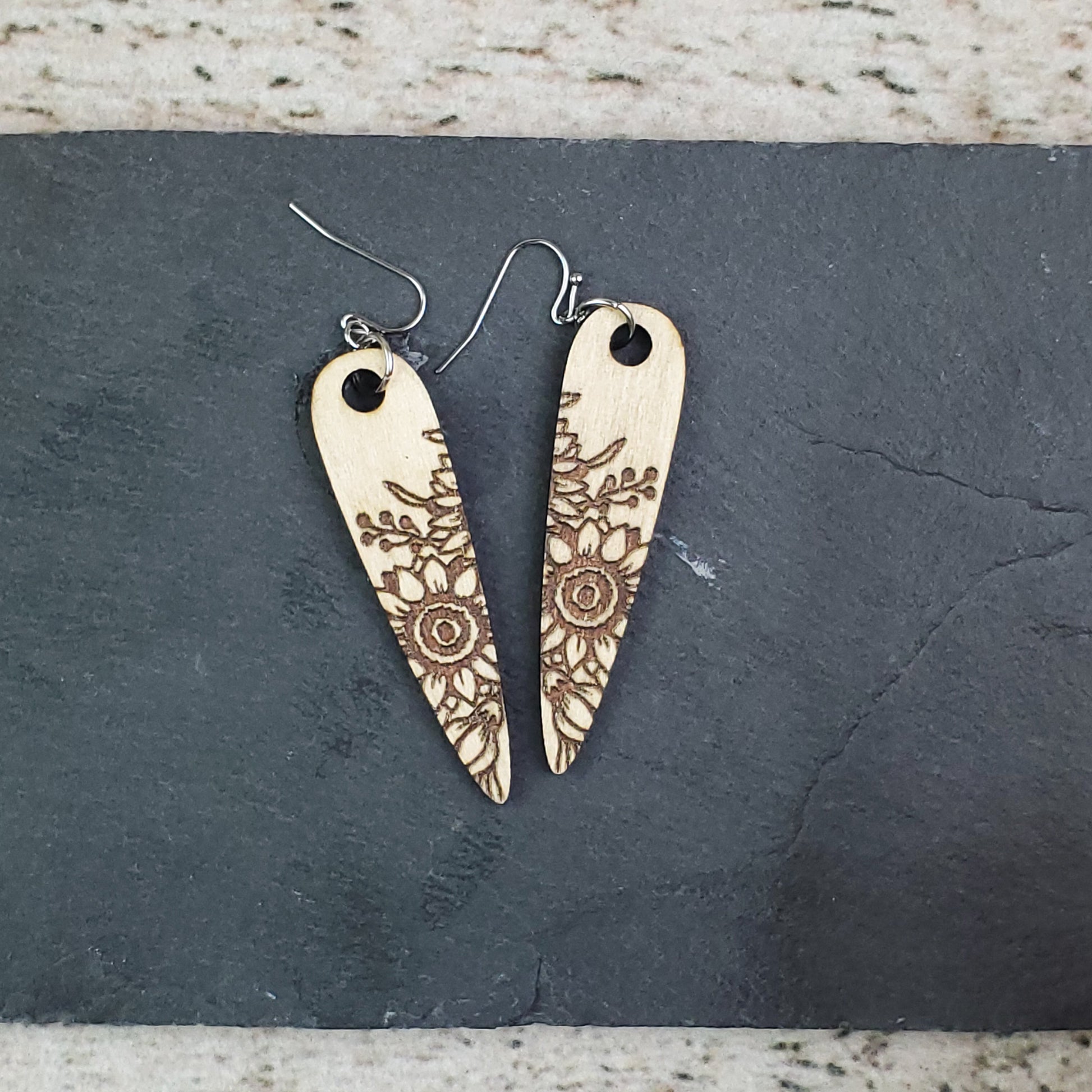 Large Sunflower Point Wood Engraved Earrings - A Farm Girl by Tess | Handmade Alpaca Wool Winter Hats for Women
