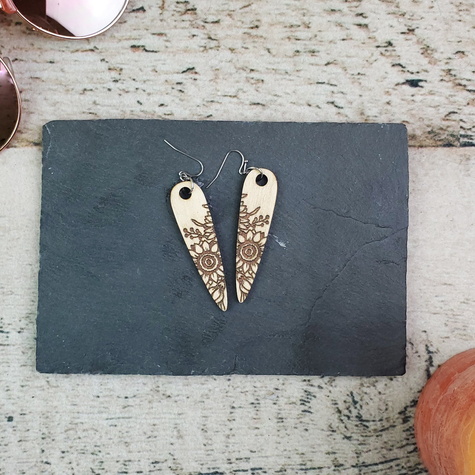 Large Sunflower Point Wood Engraved Earrings - A Farm Girl by Tess | Handmade Alpaca Wool Winter Hats for Women