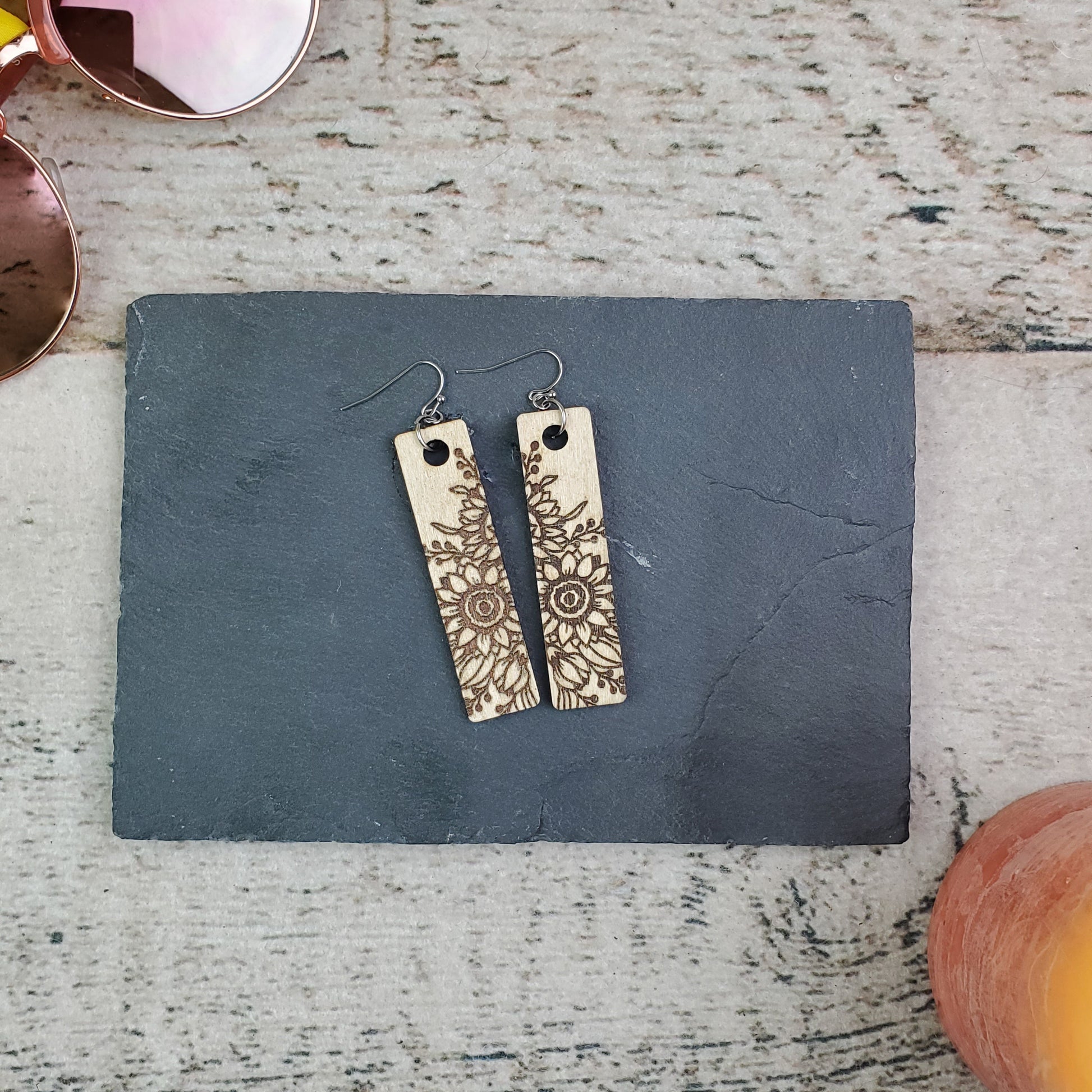 Large Sunflower Rectangle Wood Engraved Earrings - A Farm Girl by Tess | Handmade Alpaca Wool Winter Hats for Women