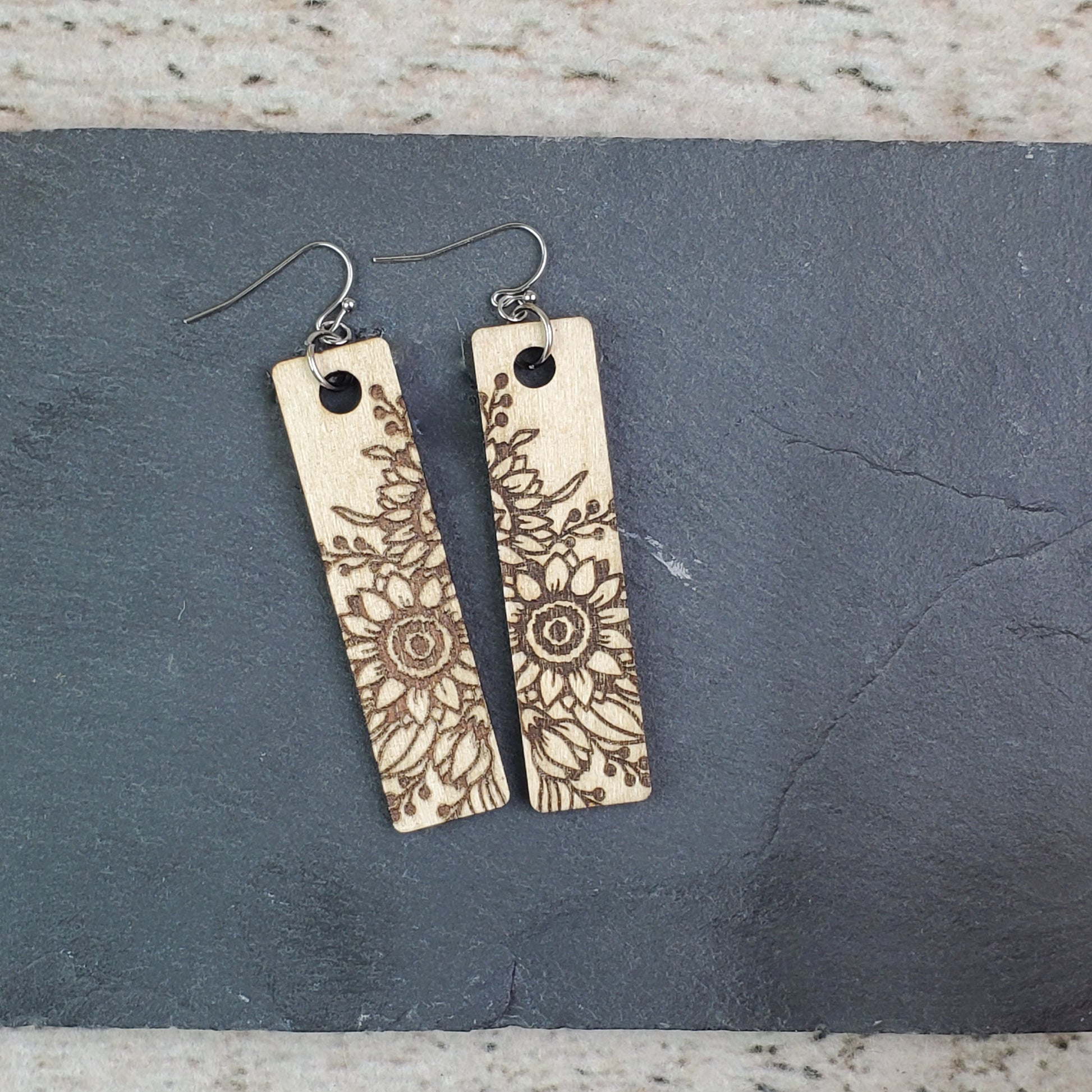 Large Sunflower Rectangle Wood Engraved Earrings - A Farm Girl by Tess | Handmade Alpaca Wool Winter Hats for Women