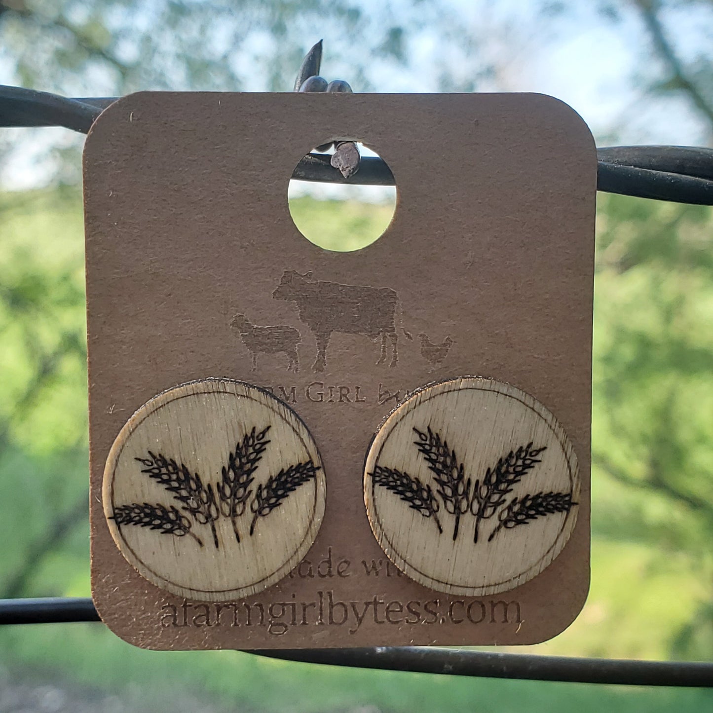 Large Wheat Spray Engraved Wood Earring Posts - A Farm Girl by Tess | Handmade Alpaca Wool Winter Hats for Women