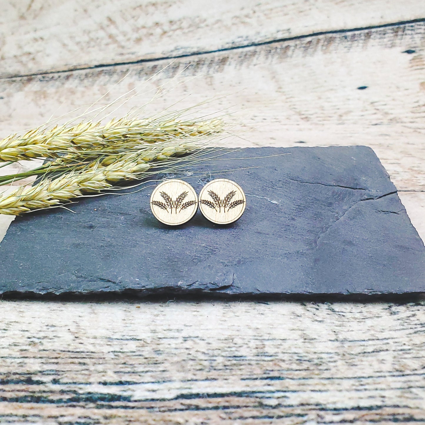 Large Wheat Spray Engraved Wood Earring Posts - A Farm Girl by Tess | Handmade Alpaca Wool Winter Hats for Women