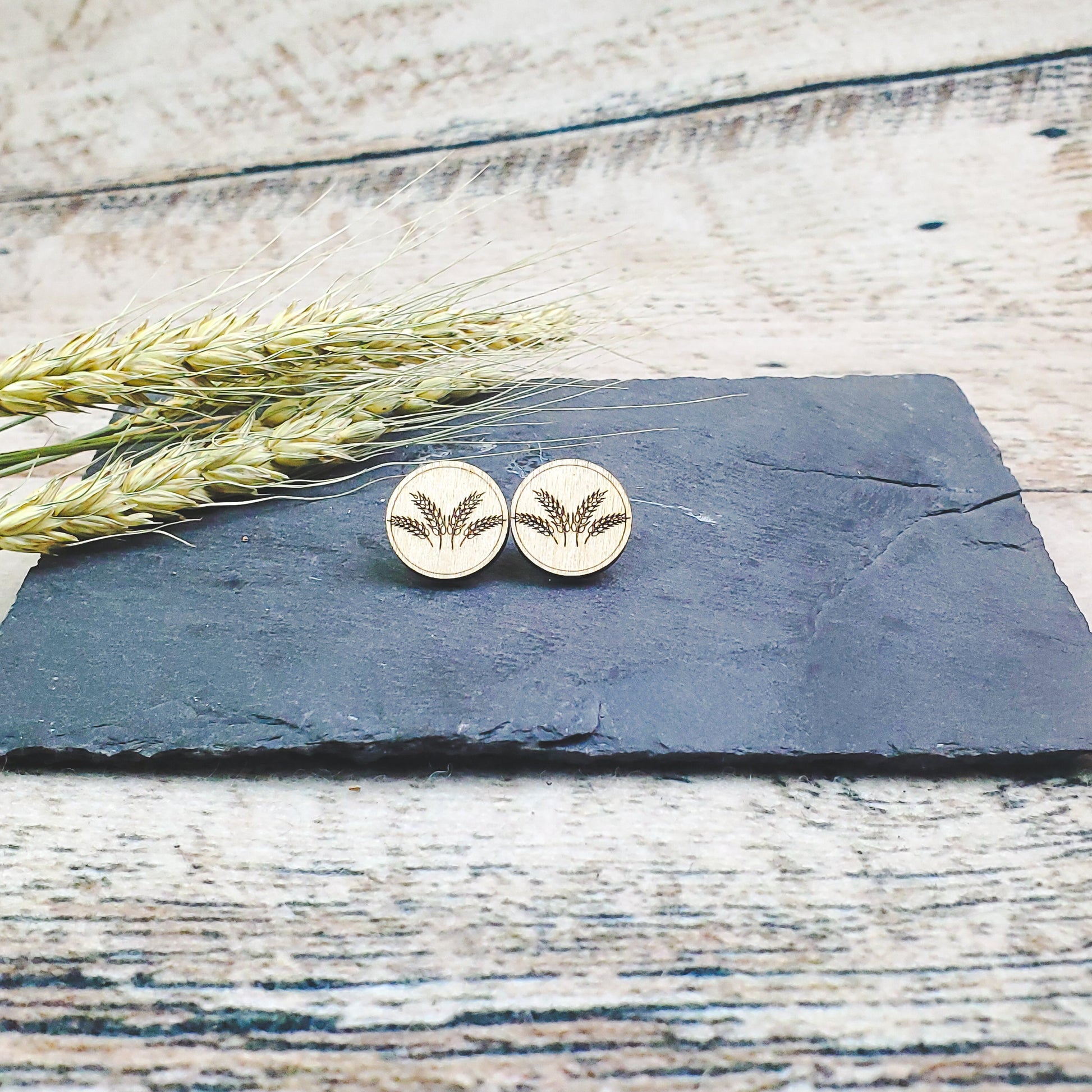 Large Wheat Spray Engraved Wood Earring Posts - A Farm Girl by Tess | Handmade Alpaca Wool Winter Hats for Women