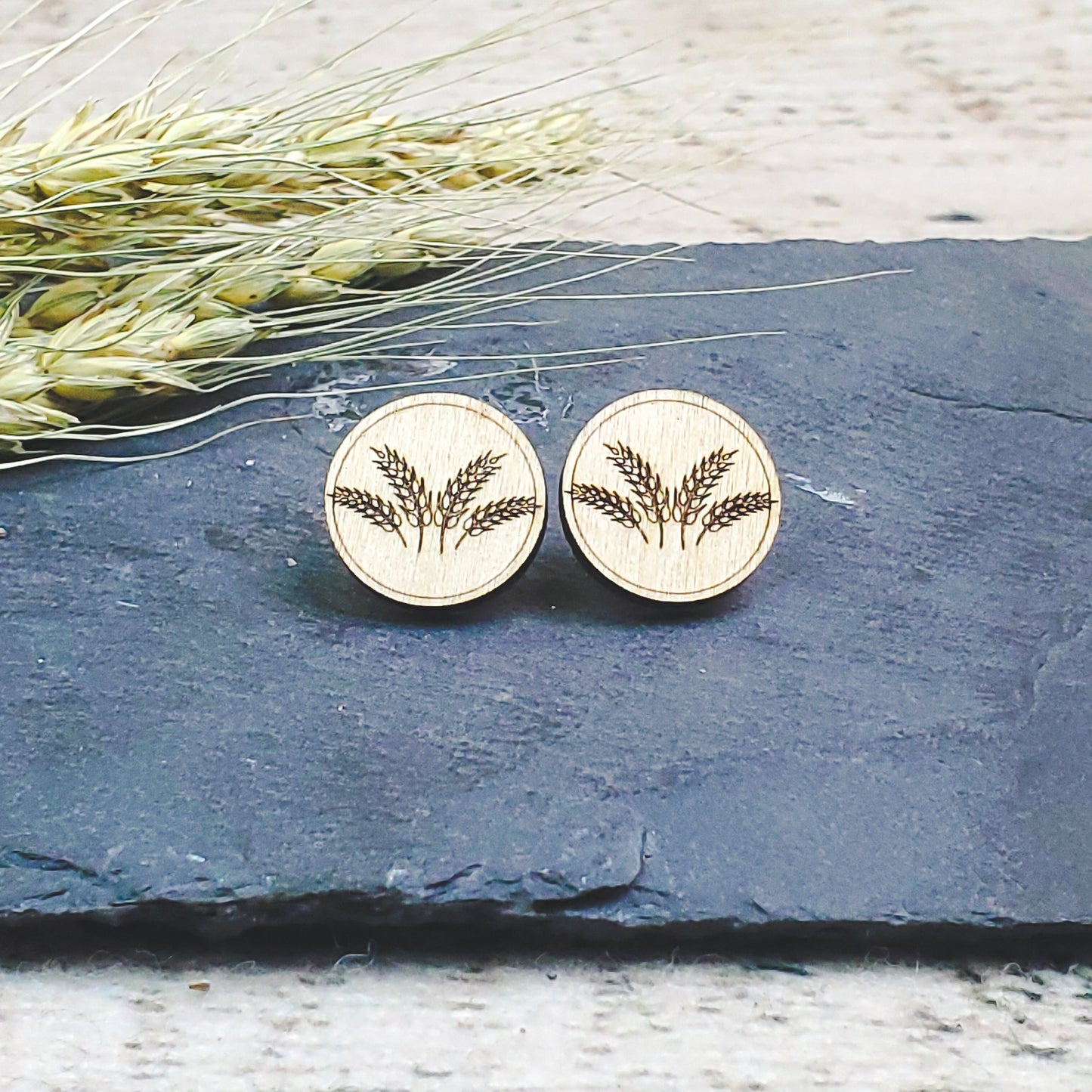 Large Wheat Spray Engraved Wood Earring Posts - A Farm Girl by Tess | Handmade Alpaca Wool Winter Hats for Women