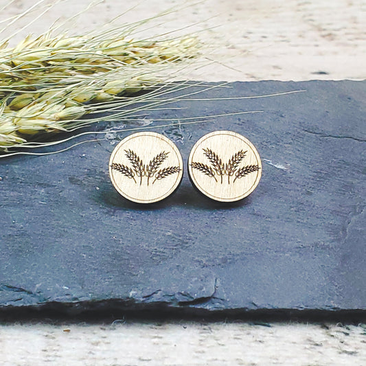 Large Wheat Spray Engraved Wood Earring Posts - A Farm Girl by Tess | Handmade Alpaca Wool Winter Hats for Women