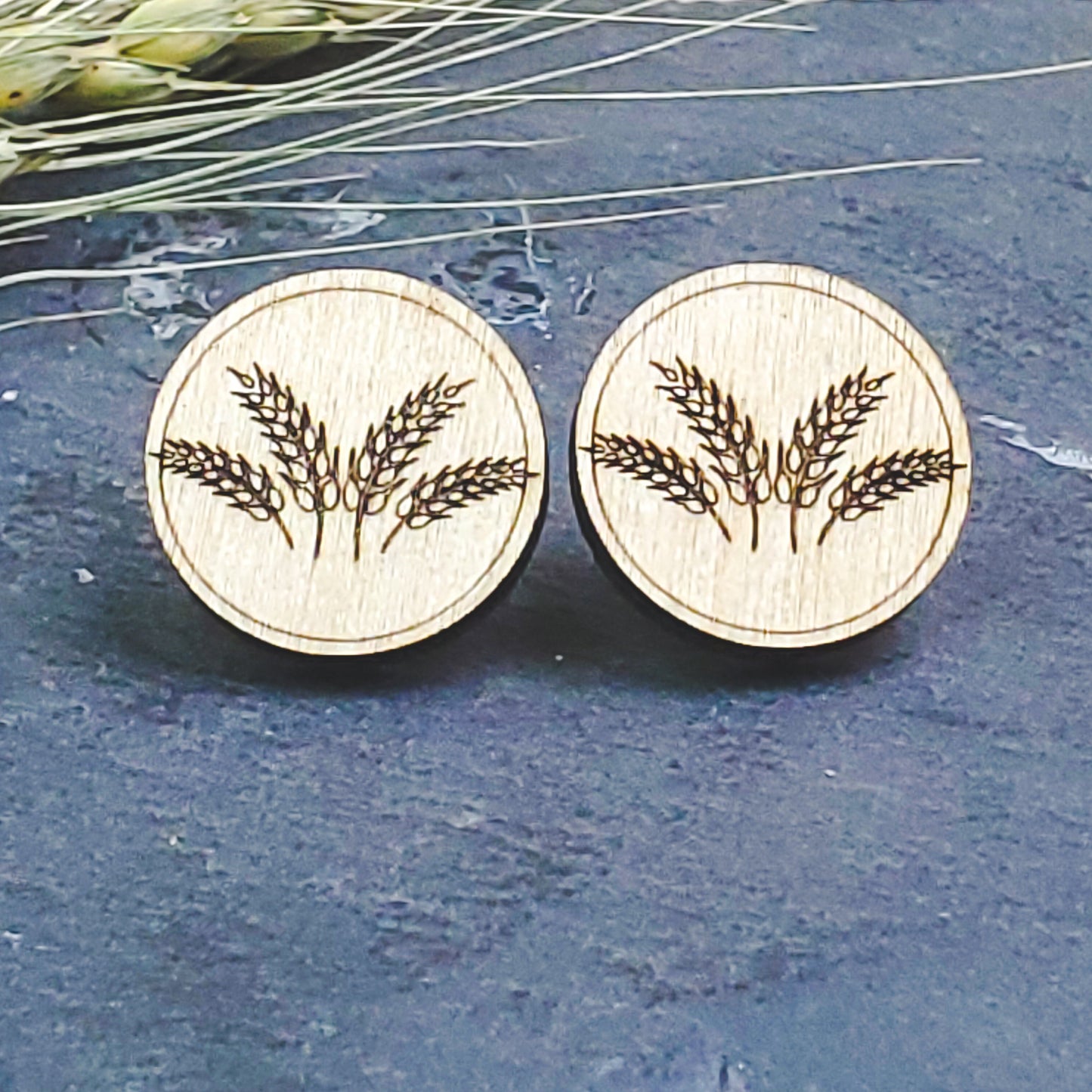 Large Wheat Spray Engraved Wood Earring Posts - A Farm Girl by Tess | Handmade Alpaca Wool Winter Hats for Women