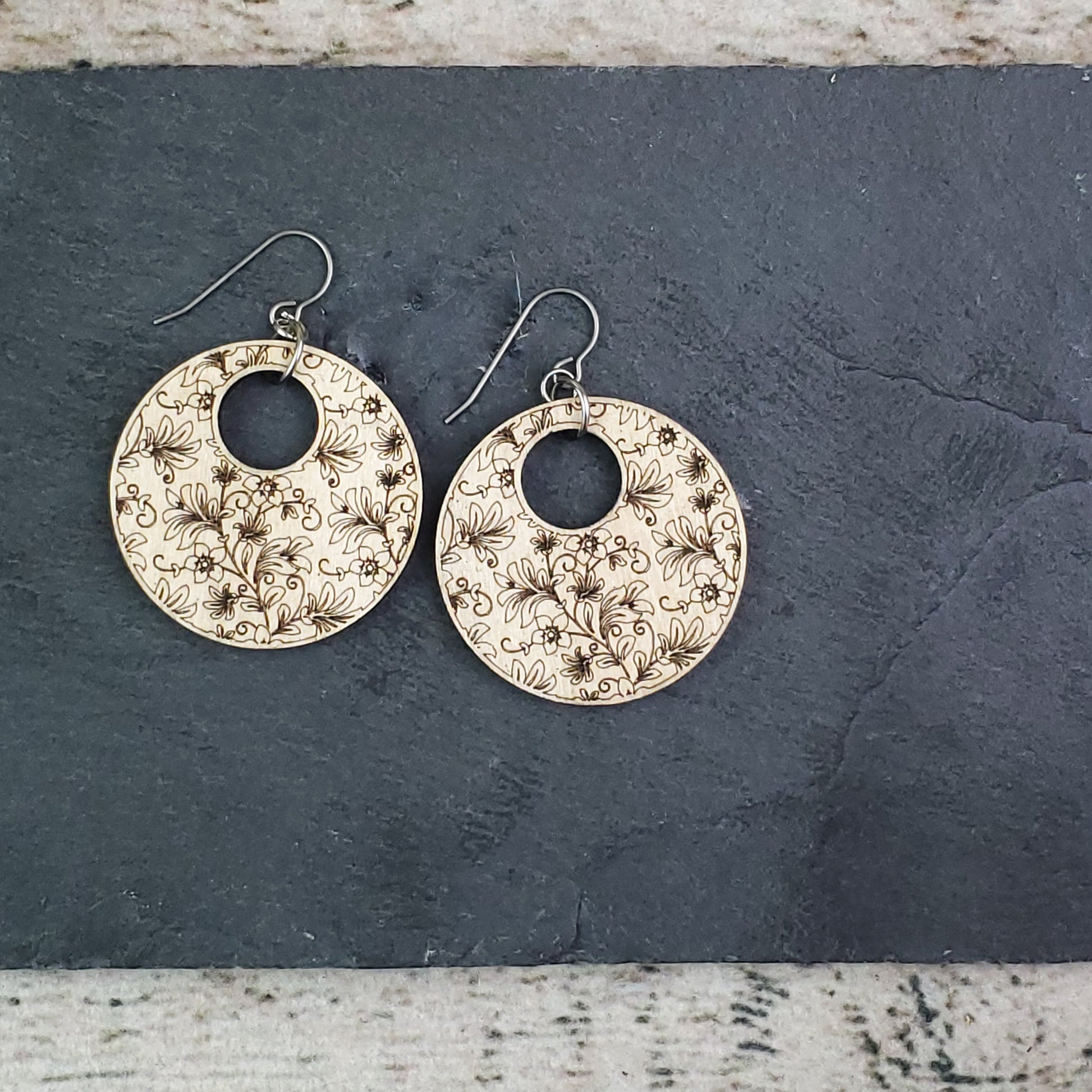 Paired Stud and Dangle Damask Engraved Wood Earrings - A Farm Girl by Tess | Handmade Alpaca Wool Winter Hats for Women